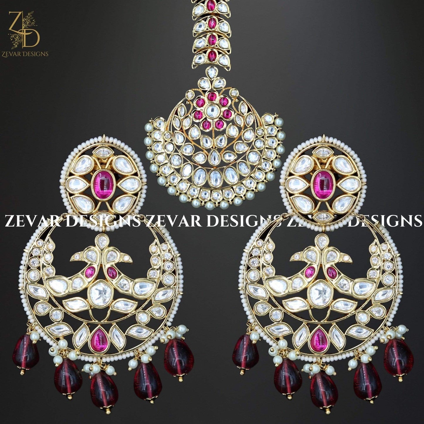 Zevar Designs Kundan Maang Tikka Kundan Maang Tikka Set with Ruby Red Drops