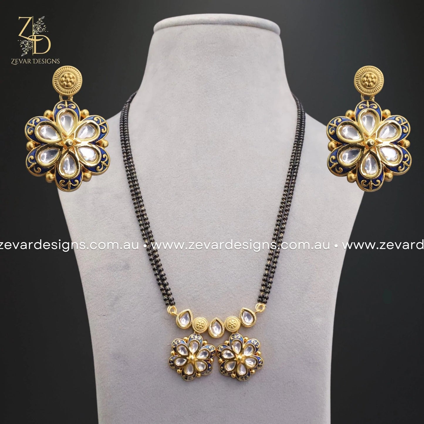 Zevar Designs Mangalsutra Kundan Mangalsutra and Earrings Set - Navy