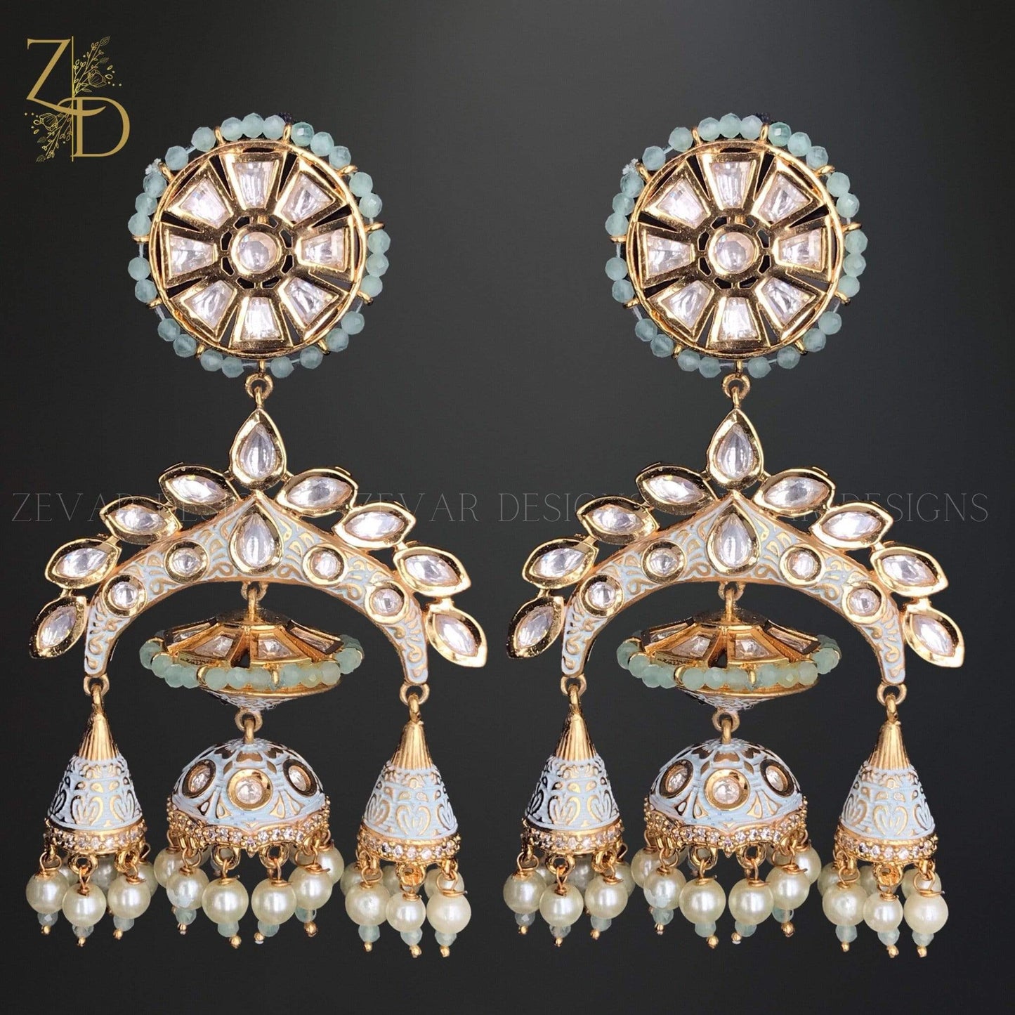 Zevar Designs Kundan Earrings Kundan Meena Jhumki - Sky Blue