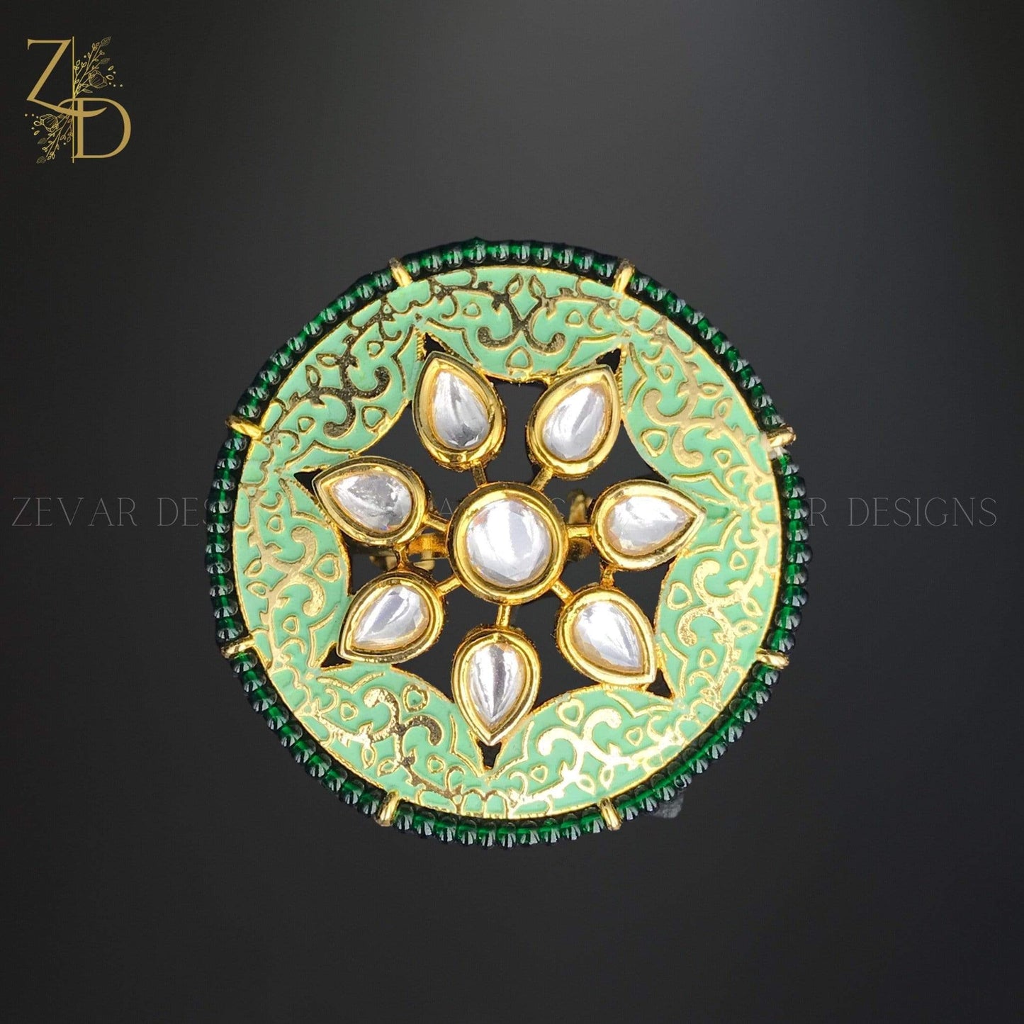 Zevar Designs Kundan Ring Green-Mint Kundan Meena Ring
