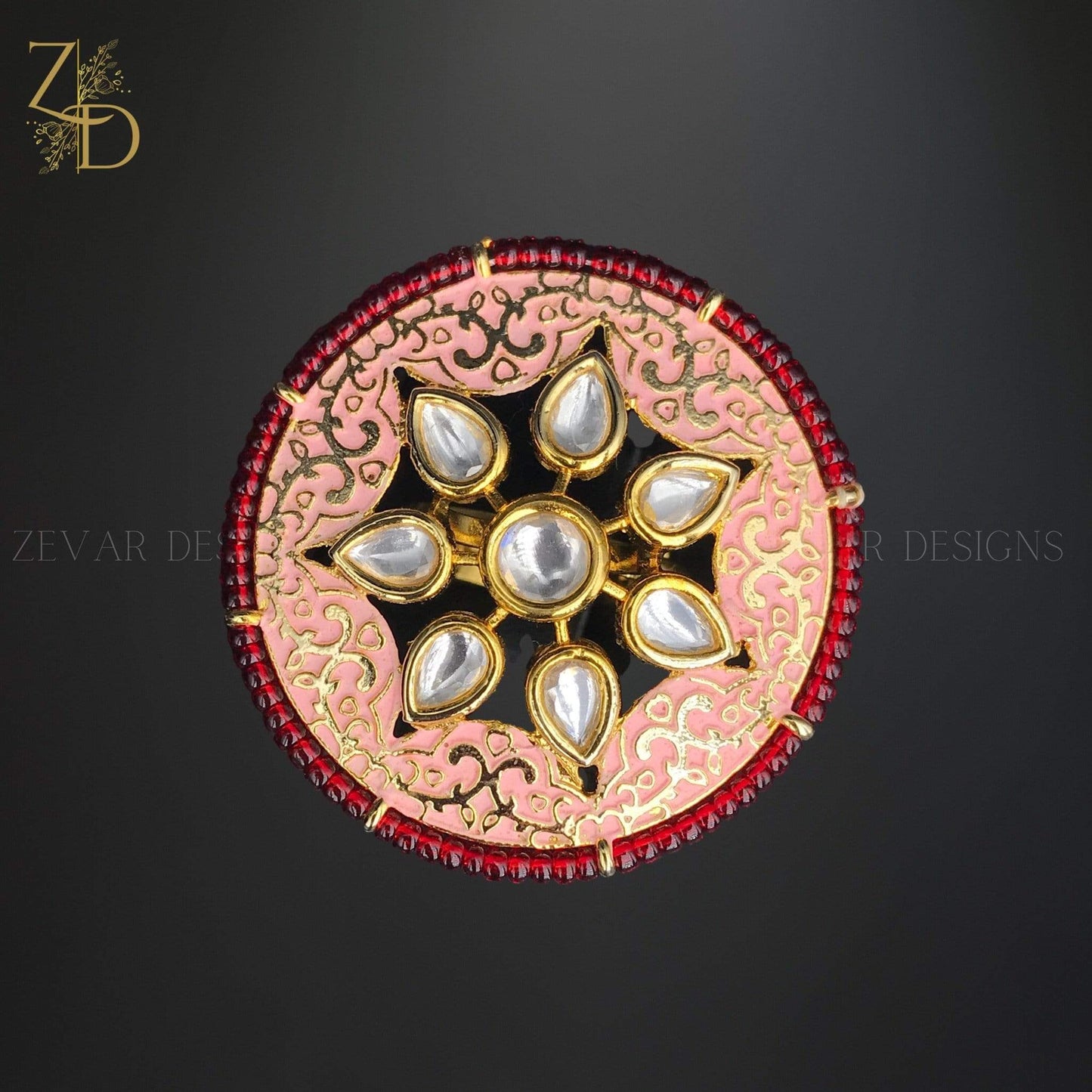 Zevar Designs Kundan Ring Red-Pink Kundan Meena Ring