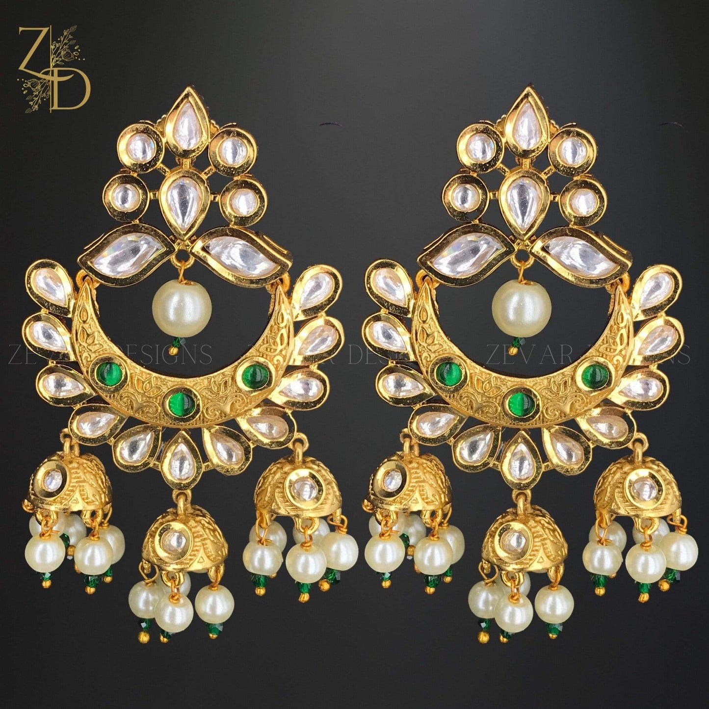 Zevar Designs Chandbali Gold Kundan Jhumki Chandbali Green