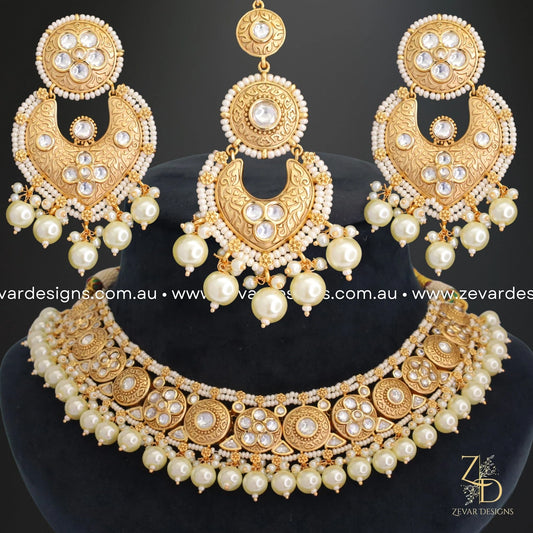 Zevar Designs Designer Necklace Sets Kundan Necklace Set with Tikka - Pearls