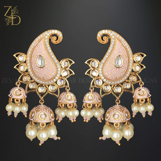 Zevar Designs Kundan Earrings Kundan Paisley Jhumki - Peach/Pink