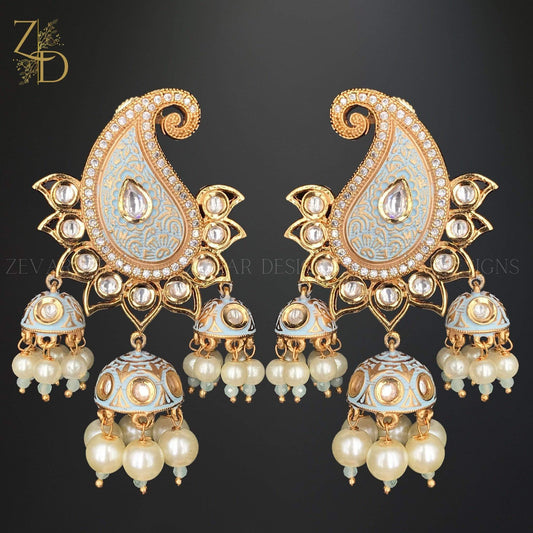 Zevar Designs Kundan Earrings Kundan Paisley Jhumki - Sky Blue