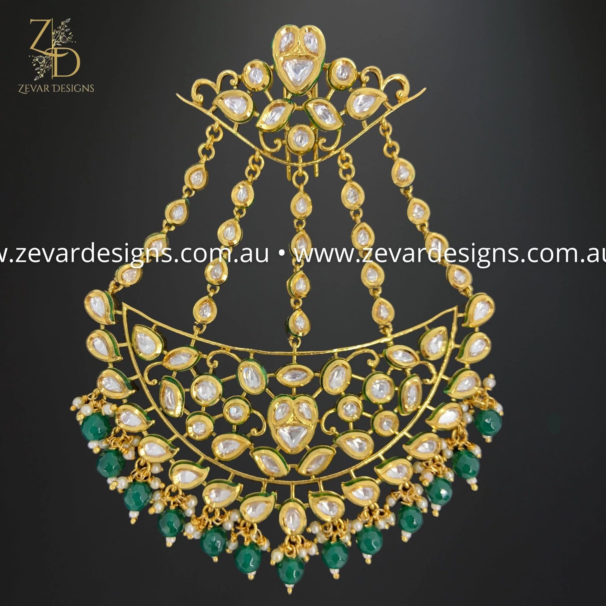 Zevar Designs Tikka and Jhoomer Kundan Pasa / Jhoomer - Green