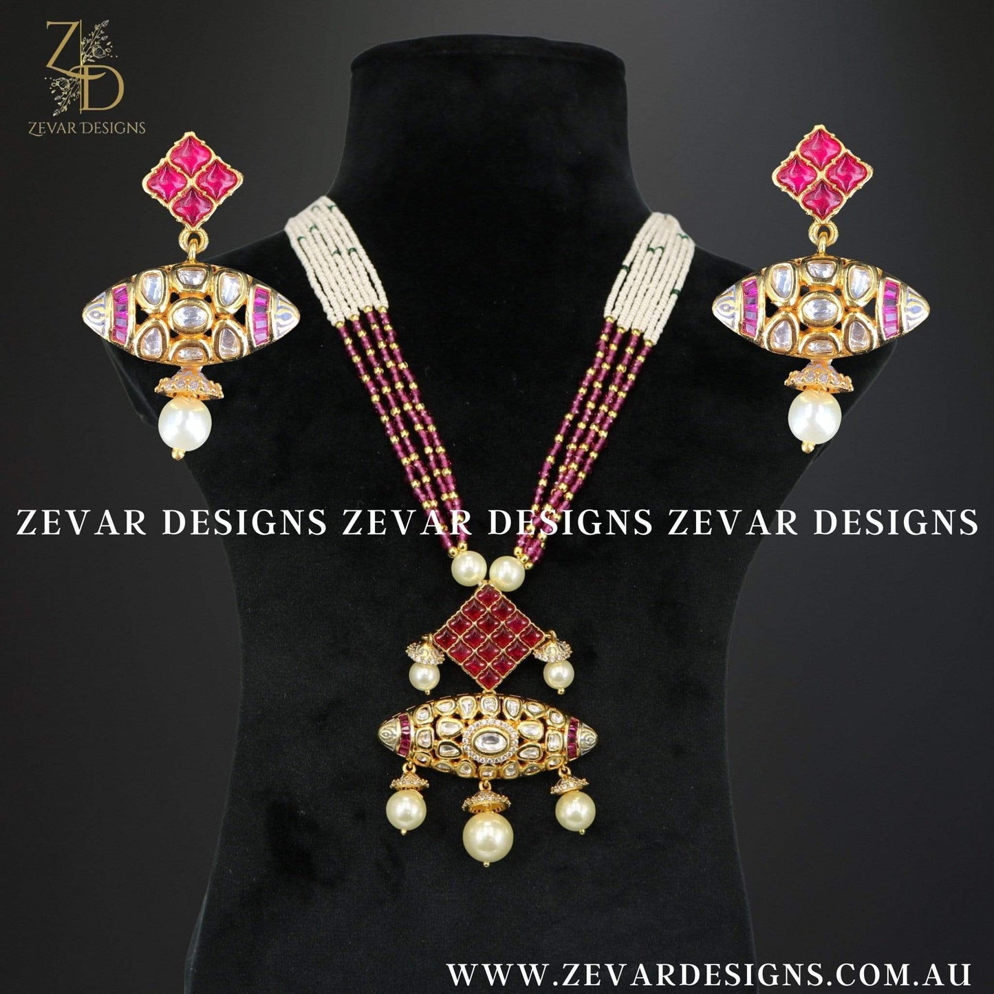 Zevar Designs Kundan Long Set Kundan Pendant Set - Ruby Red and Pearl Drops