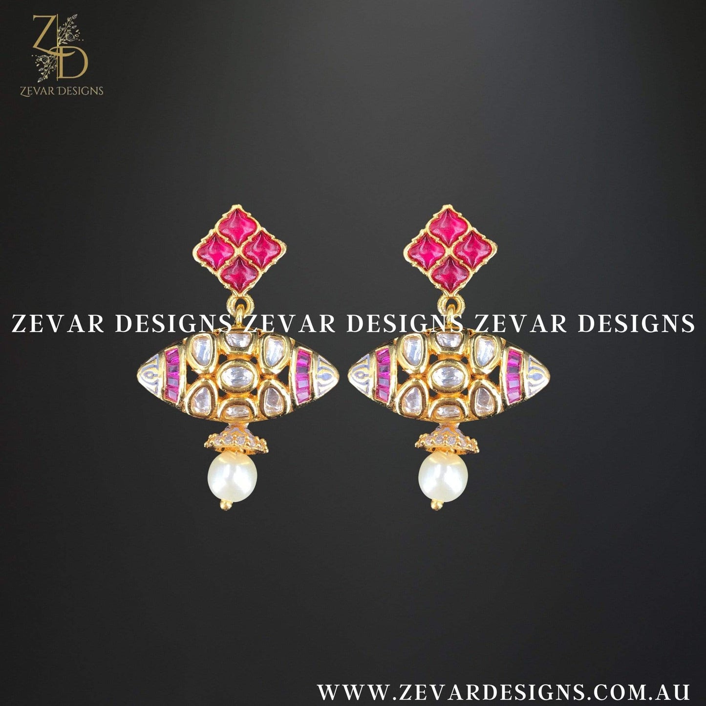 Zevar Designs Kundan Long Set Kundan Pendant Set - Ruby Red and Pearl Drops