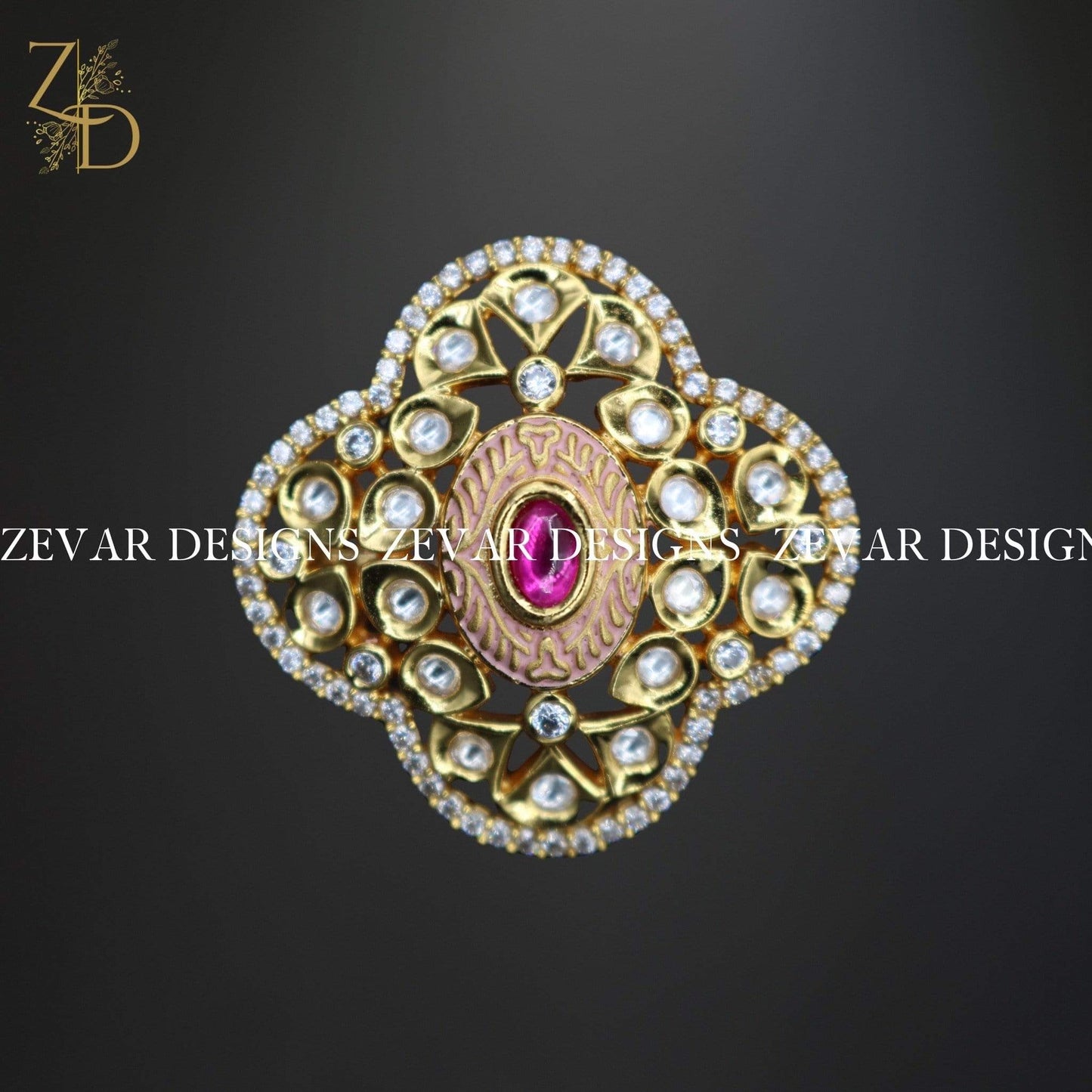 Zevar Designs Kundan Ring Kundan Meena Ring - Pink and Red Ruby Stone
