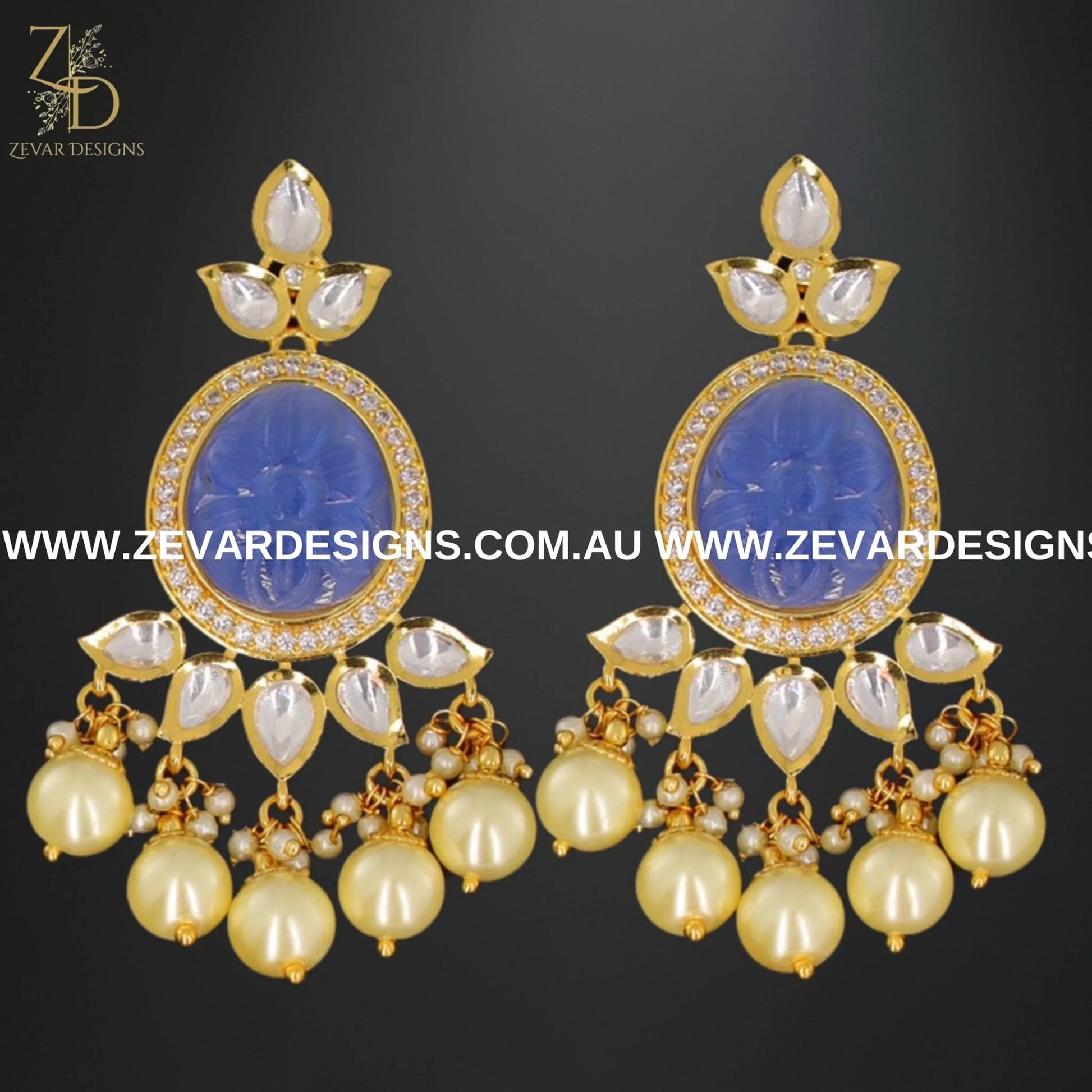 Zevar Designs Kundan Earrings Kundan Polki AD Earrings with Carved stone - Voilet