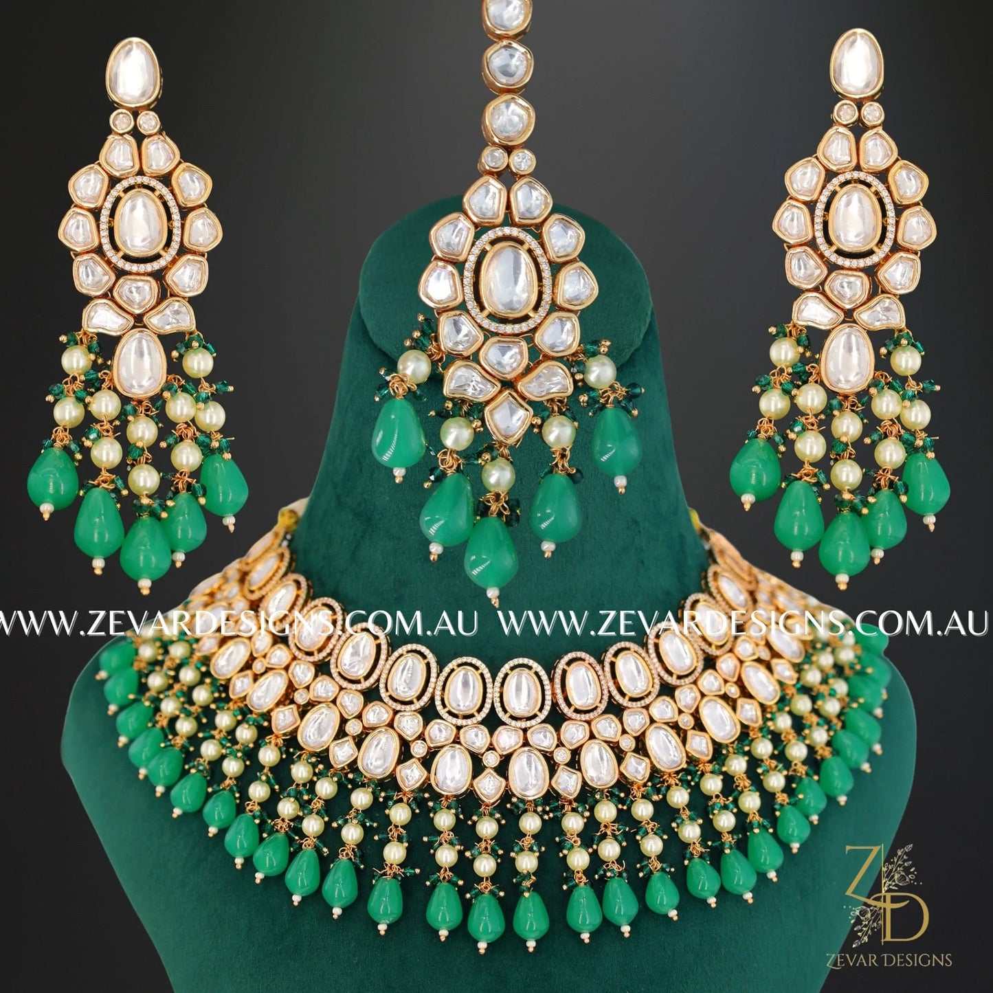 Zevar Designs Designer Necklace Sets Kundan Polki AD Necklace Set with Tikka in Emerald Green