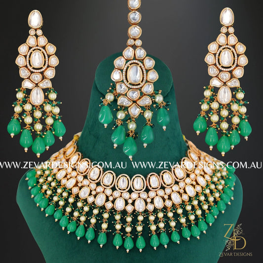 Zevar Designs Designer Necklace Sets Kundan Polki AD Necklace Set with Tikka in Emerald Green