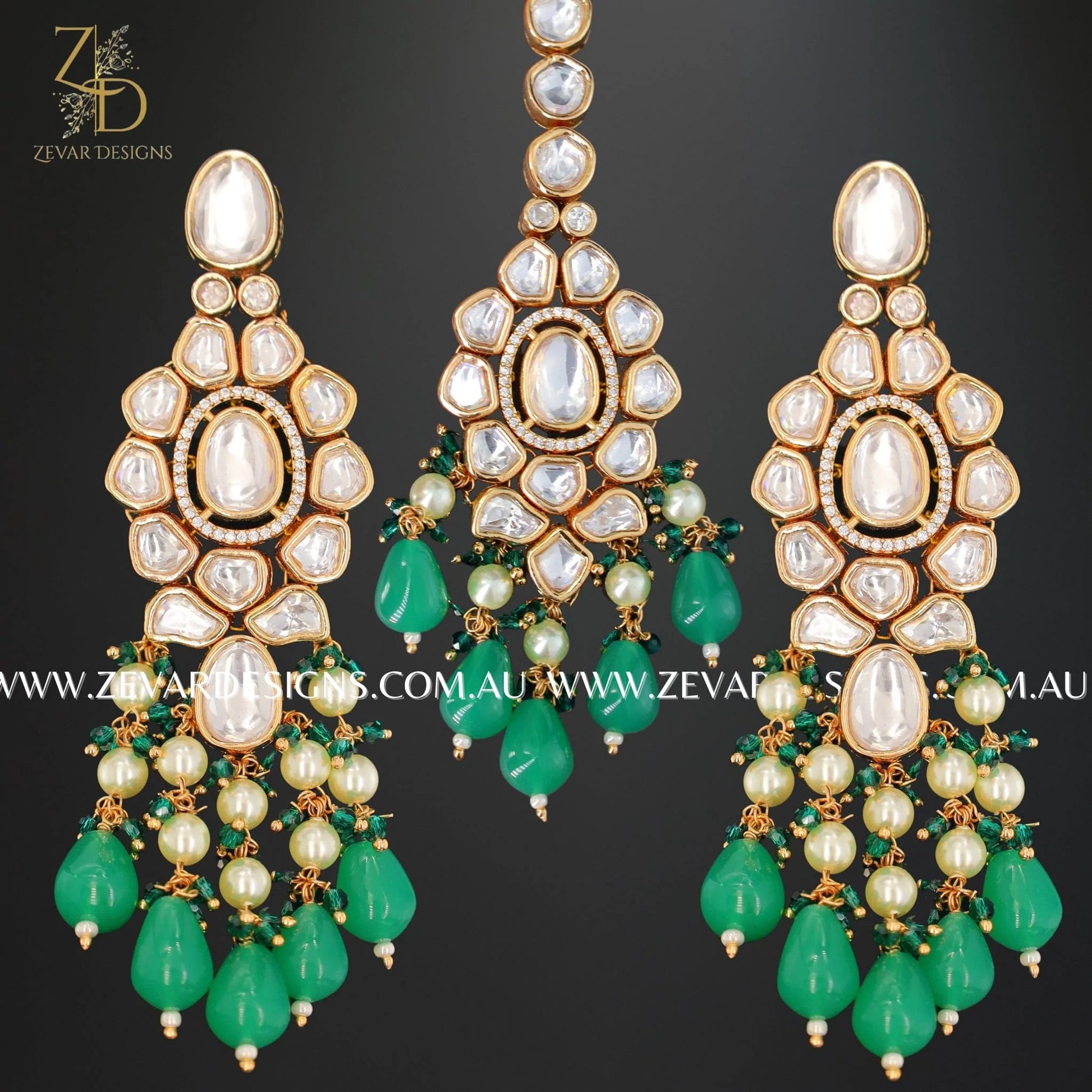 Zevar Designs Designer Necklace Sets Kundan Polki AD Necklace Set with Tikka in Emerald Green
