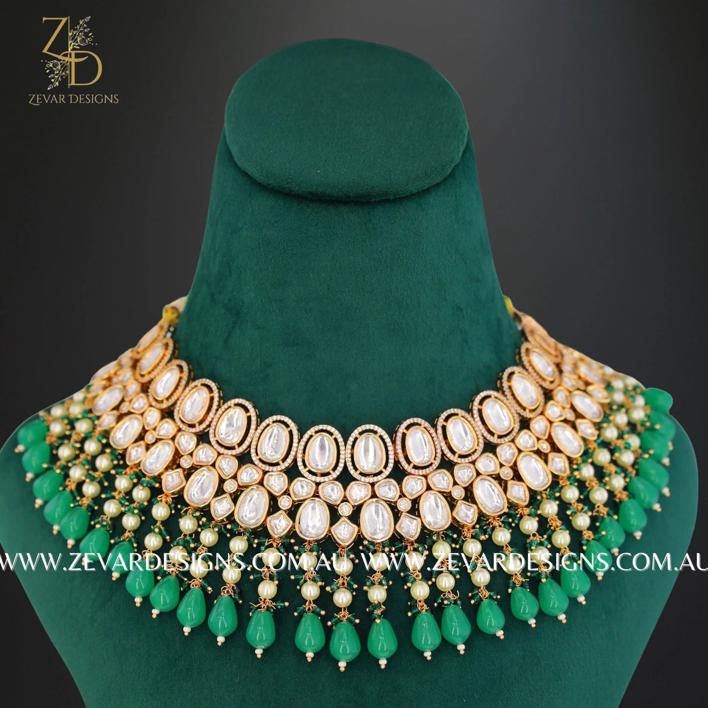 Zevar Designs Designer Necklace Sets Kundan Polki AD Necklace Set with Tikka in Emerald Green