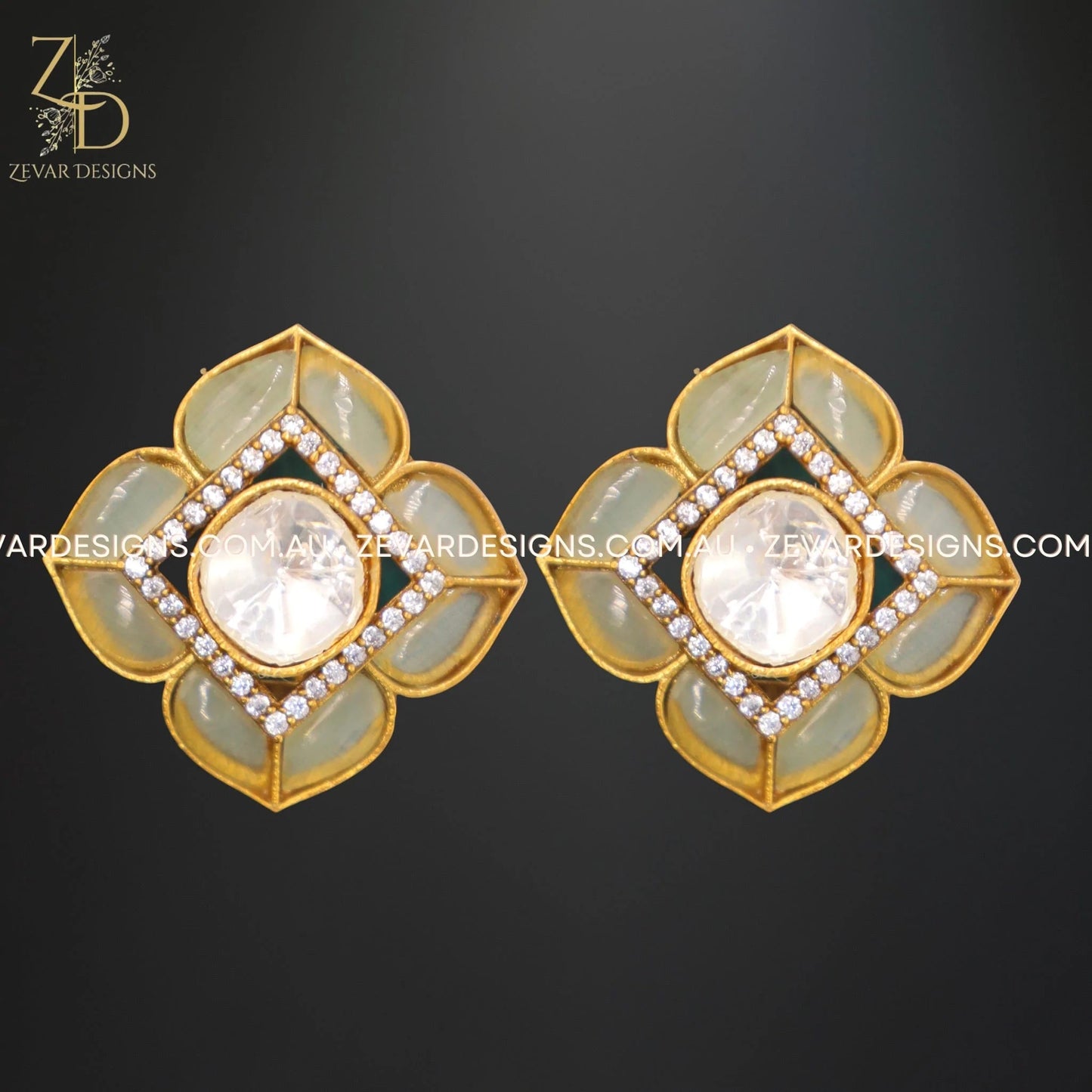 Zevar Designs Kundan Studs Kundan Polki and Enamel Studs - Mint