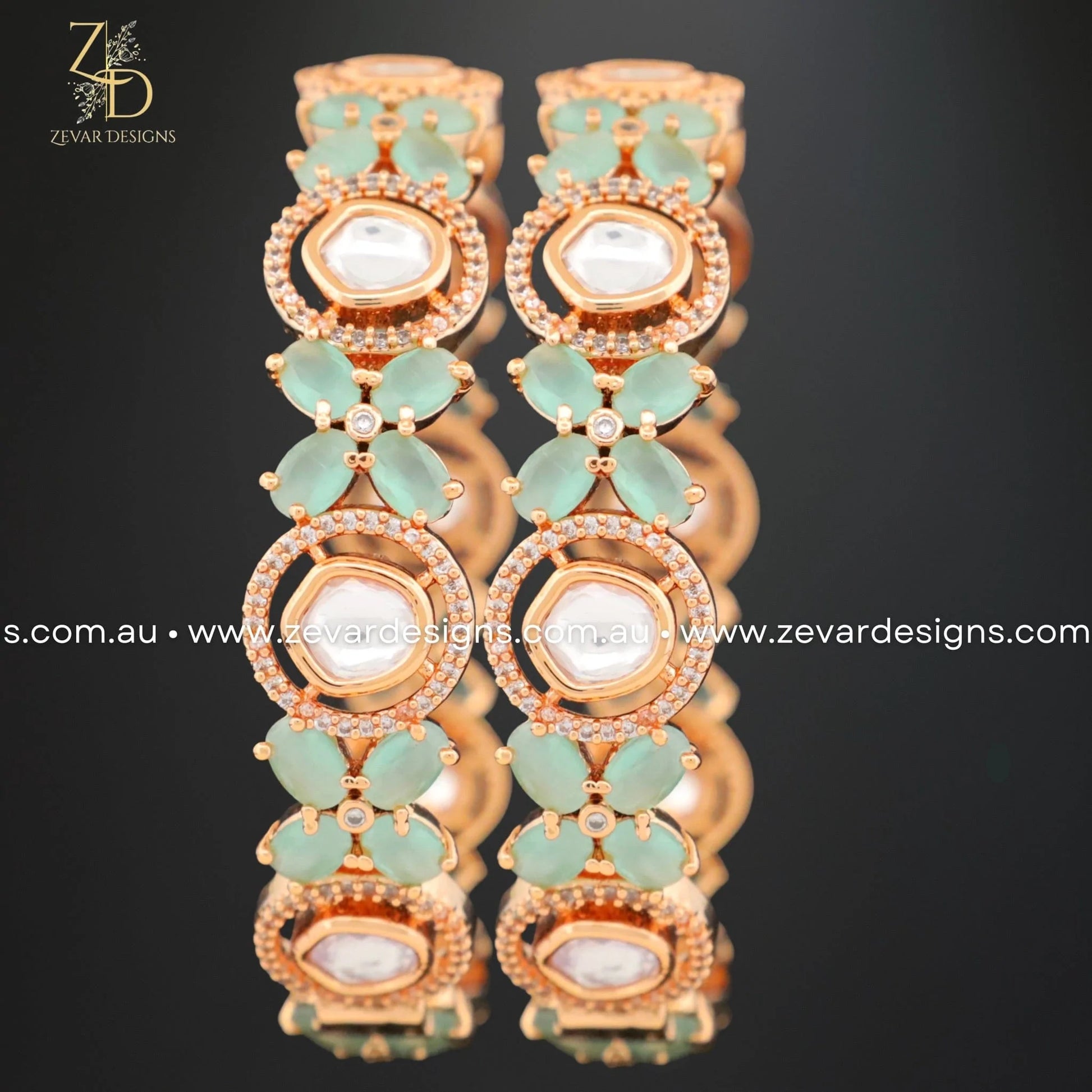 Zevar Designs Kundan Bangles Kundan Polki Bangles with AD -Mint Colored Stones