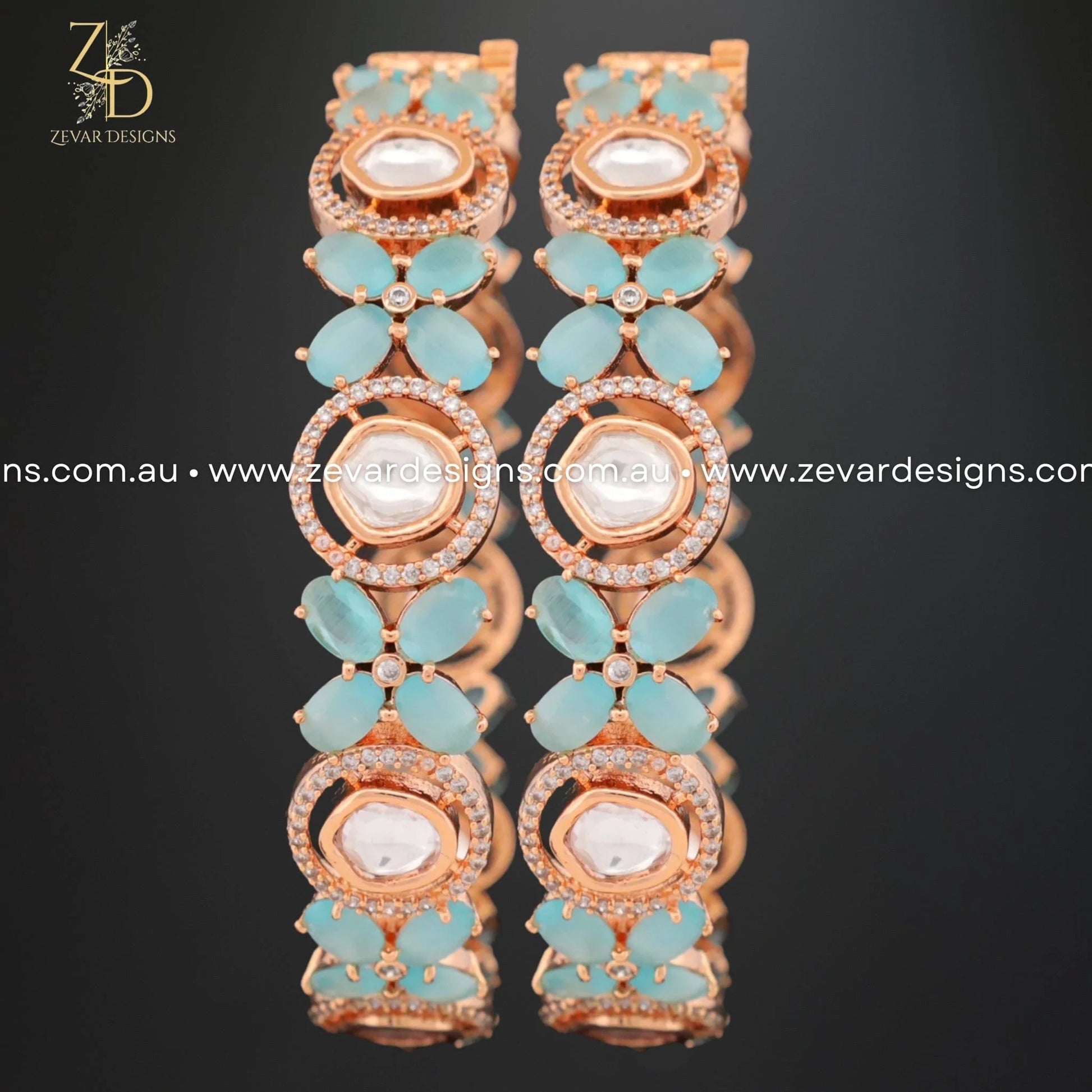 Zevar Designs Kundan Bangles Kundan Polki Bangles with AD - Powder Blue Colored Stones