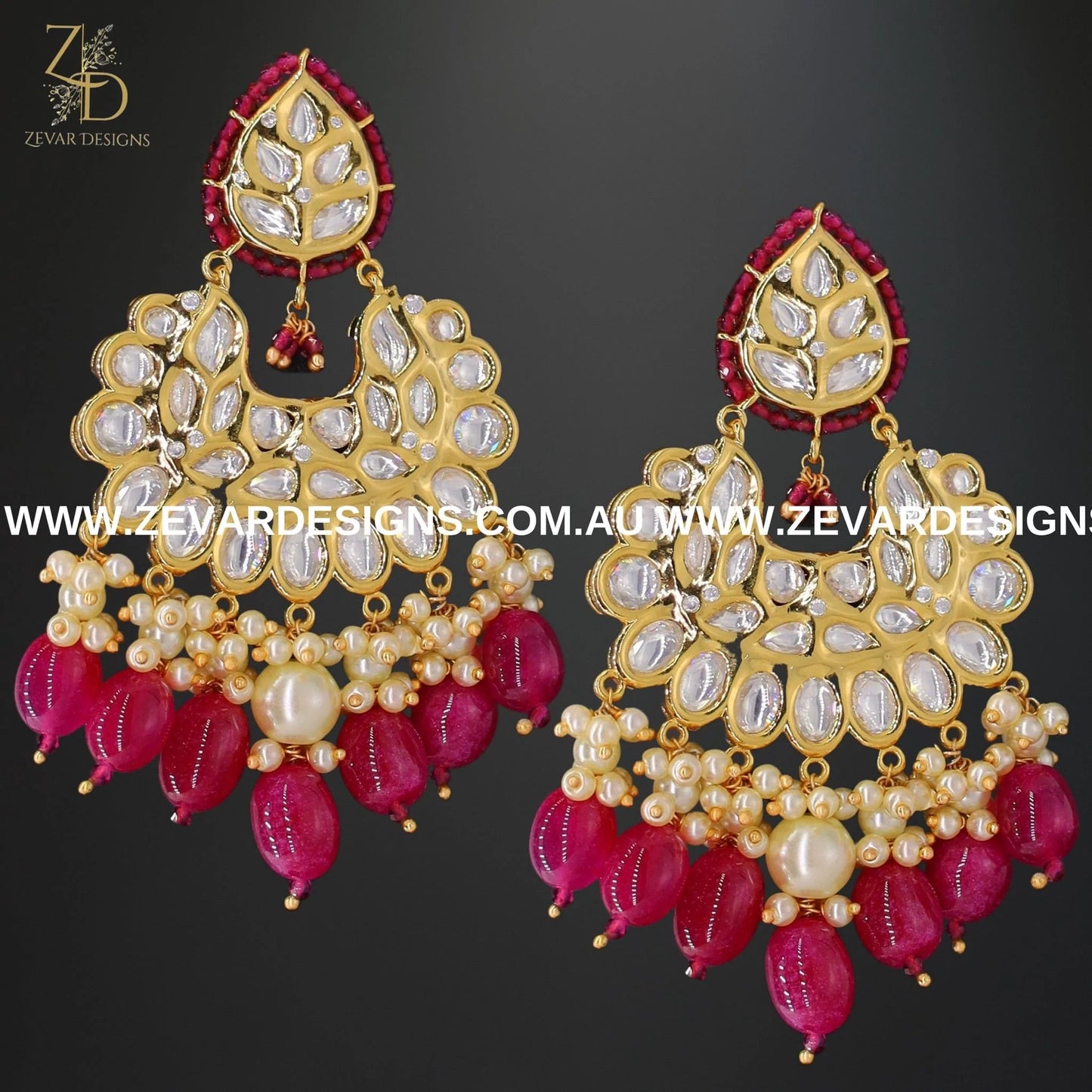 Zevar Designs Kundan Earrings Kundan Polki Chandbali Earrings - Red