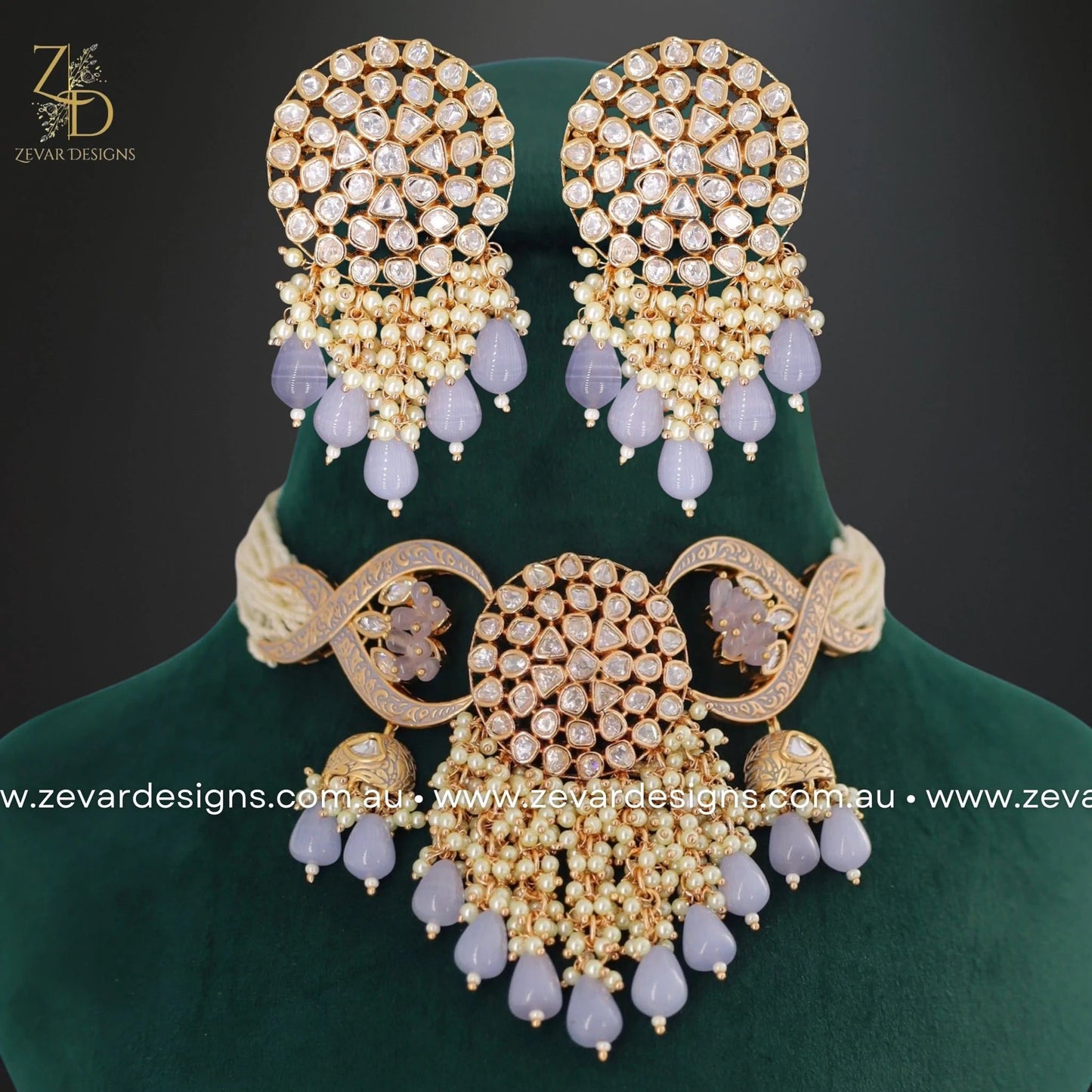 Zevar Designs Necklace Sets Kundan Polki Choker Set - Grey