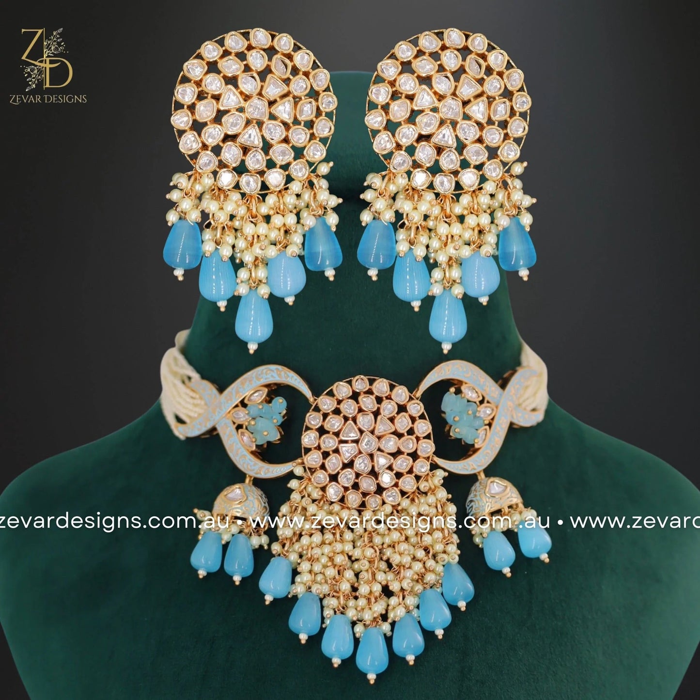Zevar Designs Necklace Sets Kundan Polki Choker Set - Ocean Blue