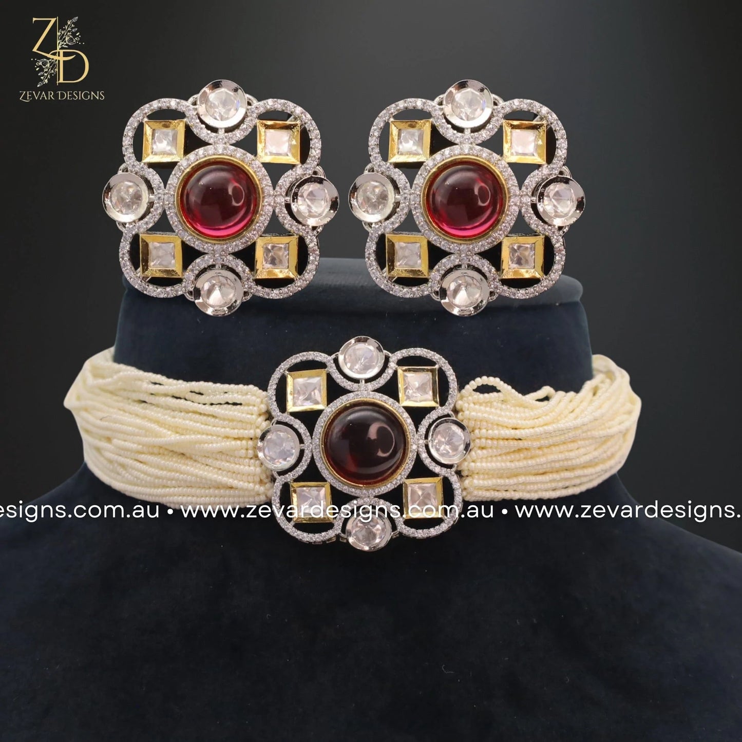 Zevar Designs Necklace Sets Kundan Polki Choker Set- Red