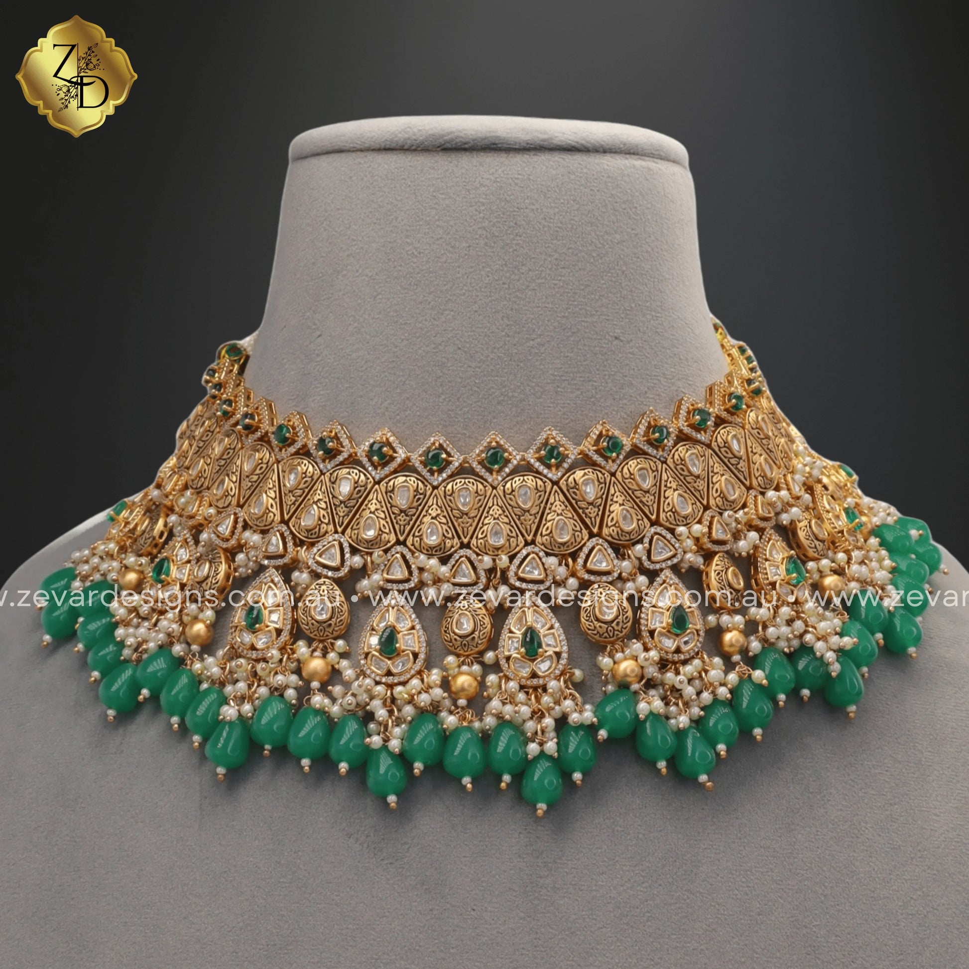 Zevar Designs Designer Necklace Sets Kundan Polki Choker Set with Tikka - Green