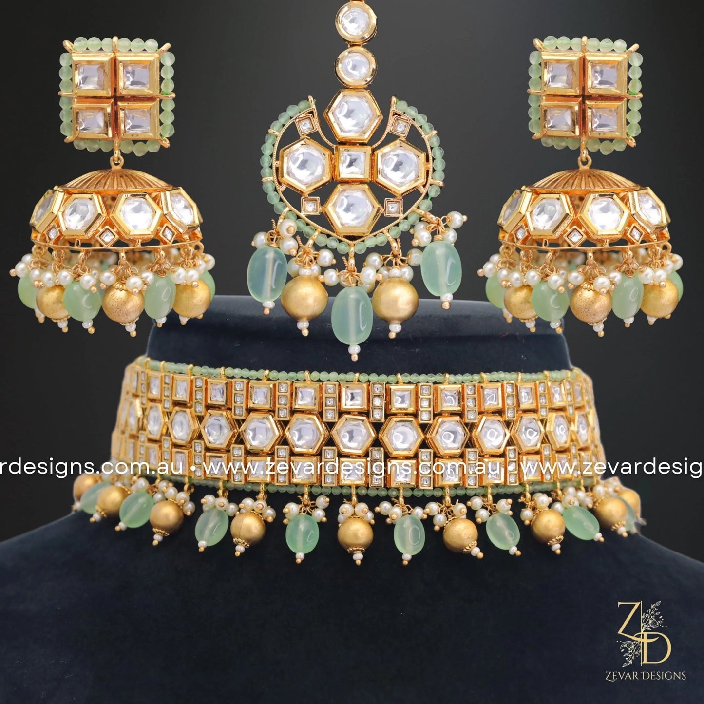 Zevar Designs Designer Necklace Sets Kundan Polki Choker Set with Tikka - Mint Green