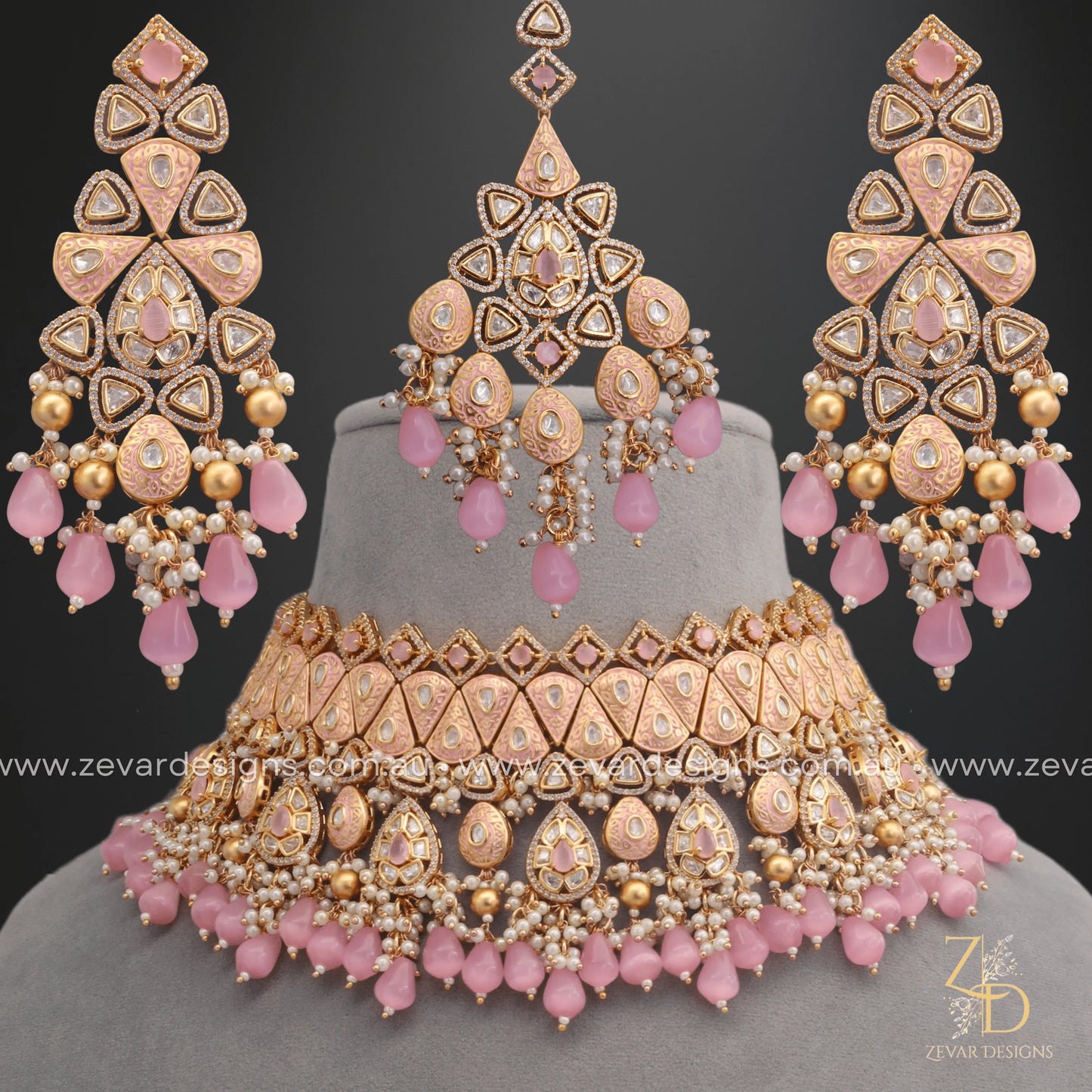 Zevar Designs Designer Necklace Sets Kundan Polki Choker Set with Tikka - Pink