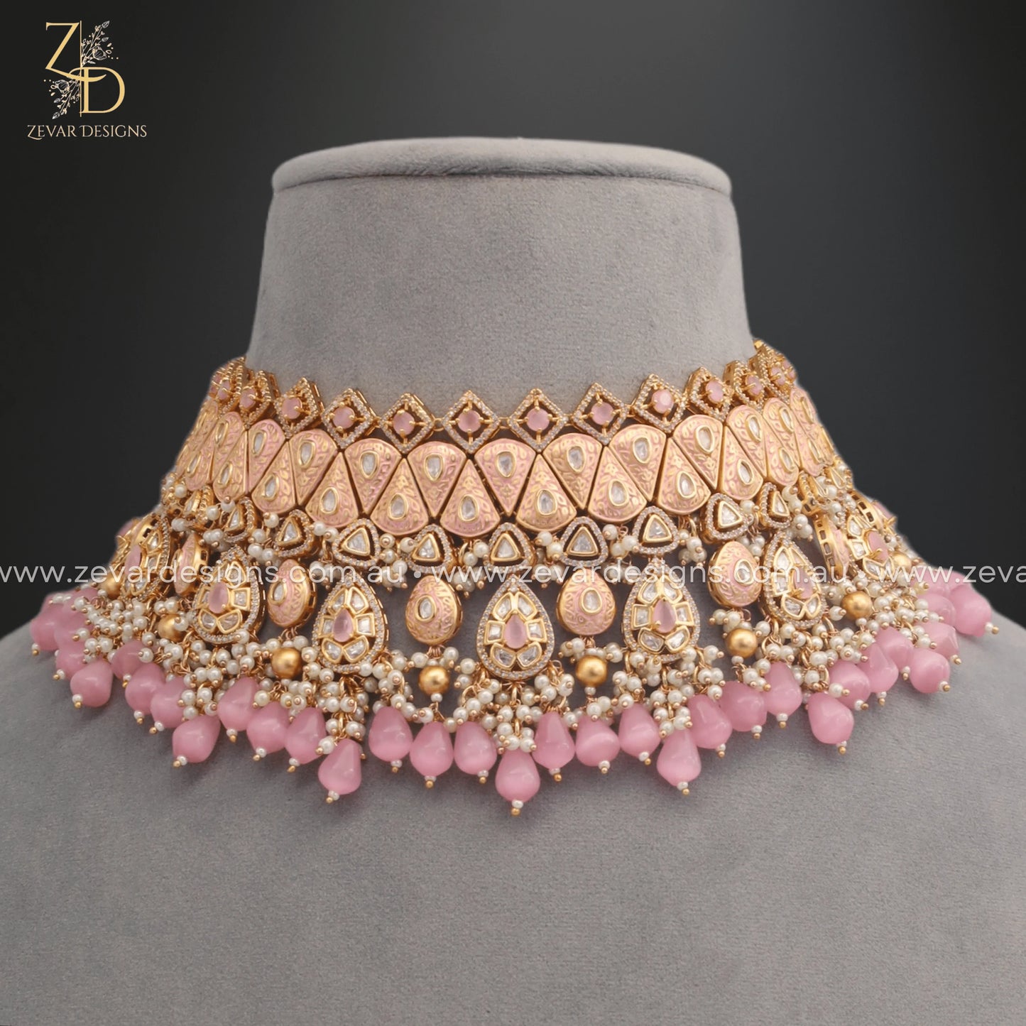 Zevar Designs Designer Necklace Sets Kundan Polki Choker Set with Tikka - Pink