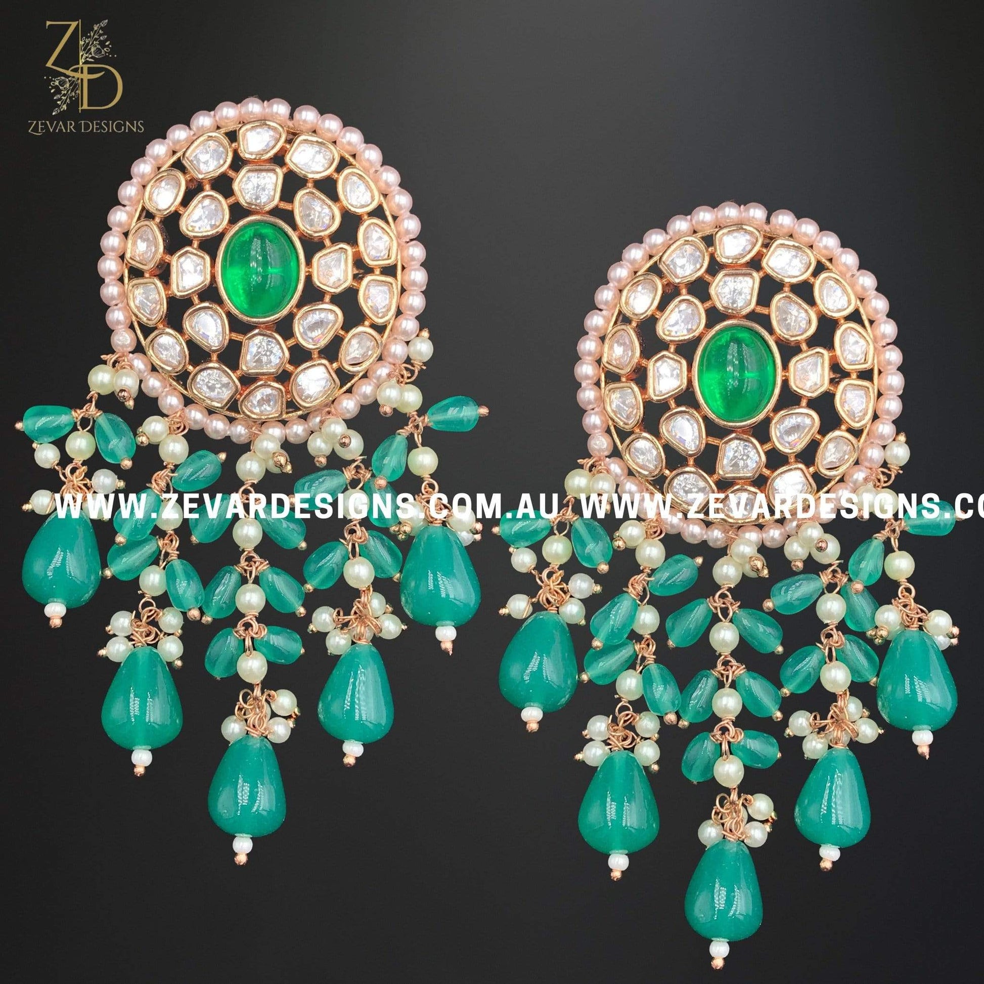 Zevar Designs Kundan Earrings Kundan Polki Earrings in Rose Gold and Emerald Green