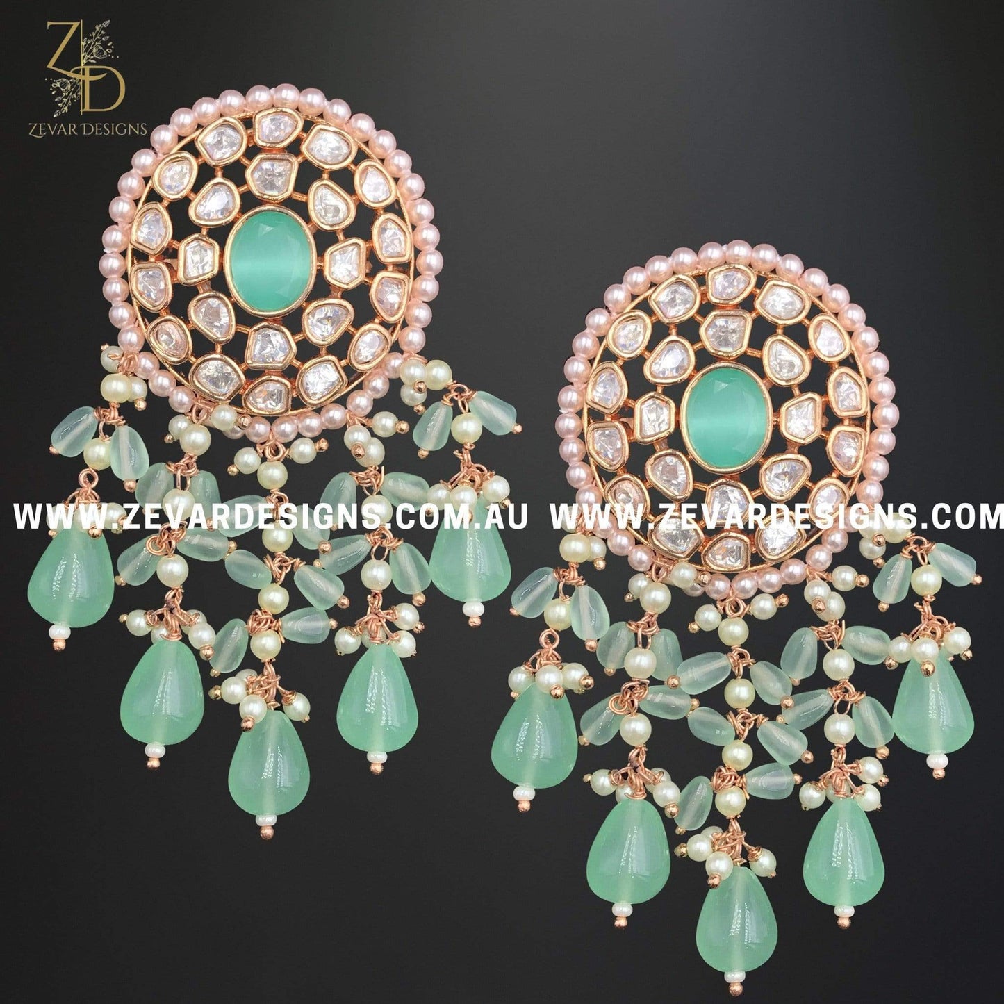 Zevar Designs Kundan Earrings Kundan Polki Earrings in Rose Gold and Mint