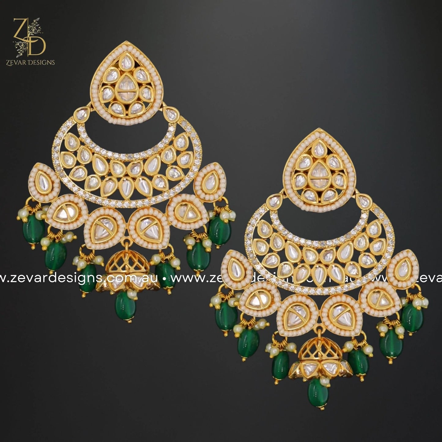 Zevar Designs Kundan Earrings Kundan Polki Earrings with Emerald Drops