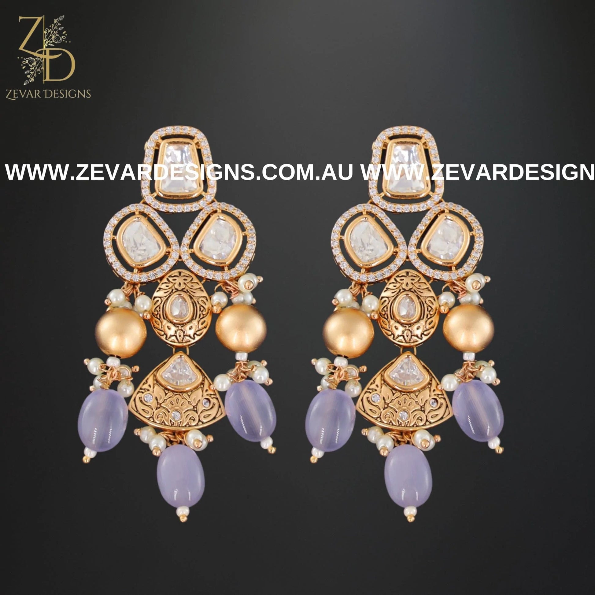 Zevar Designs Kundan Earrings Kundan Polki Earrings With Grey Drops