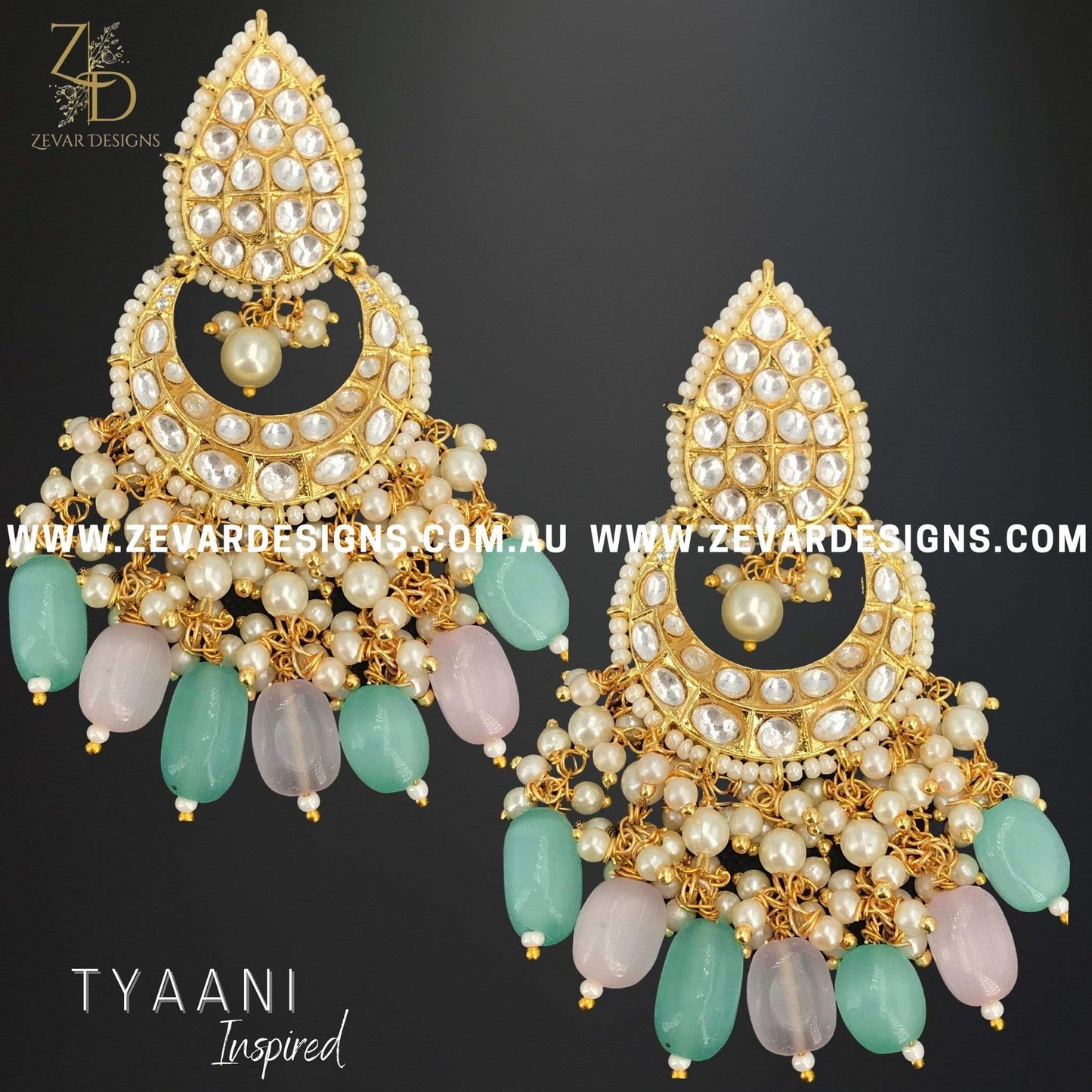 Zevar Designs Kundan Earrings Kundan Polki Earrings in Mint and Pink