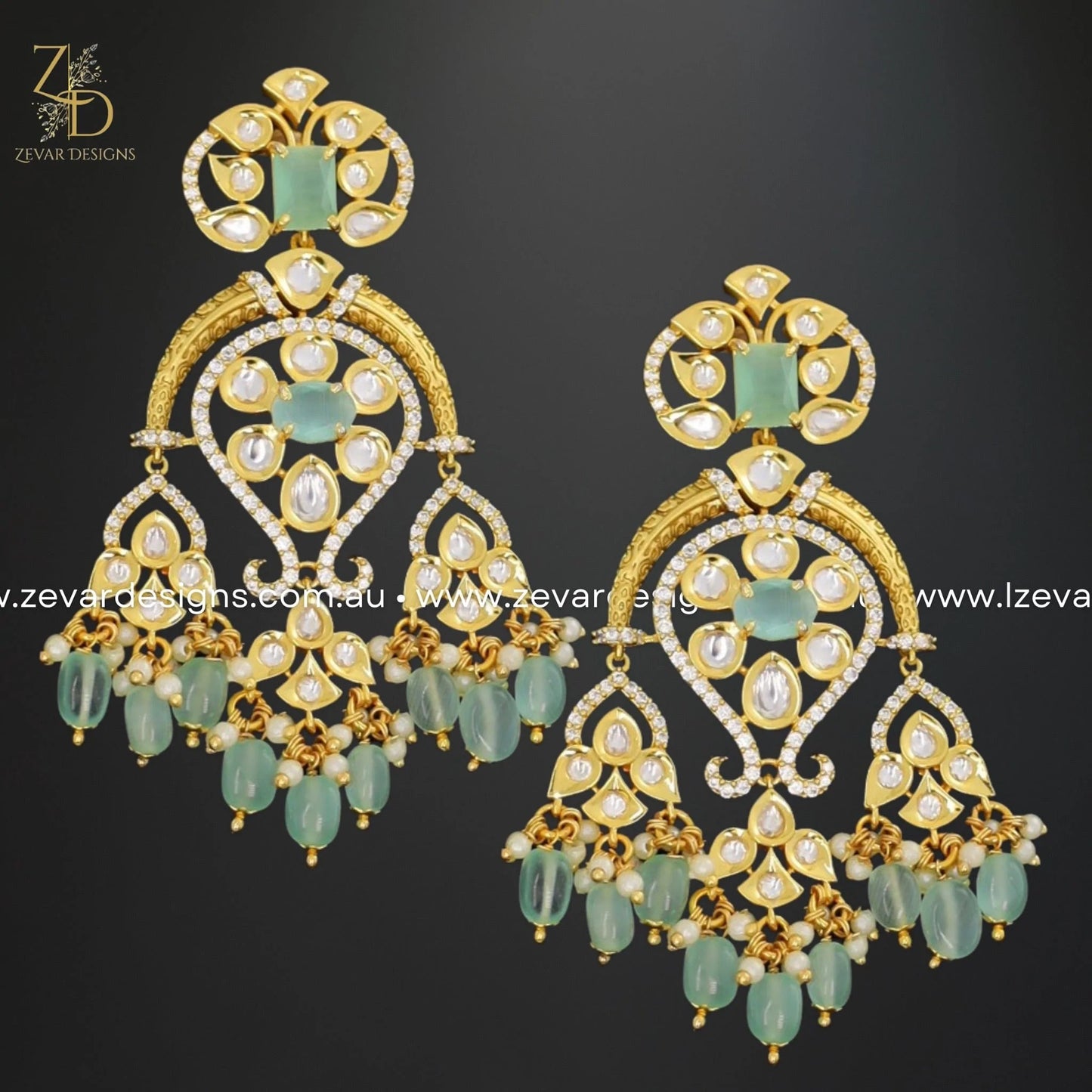 Zevar Designs Kundan Earrings Kundan Polki Earrings with Mint Drops