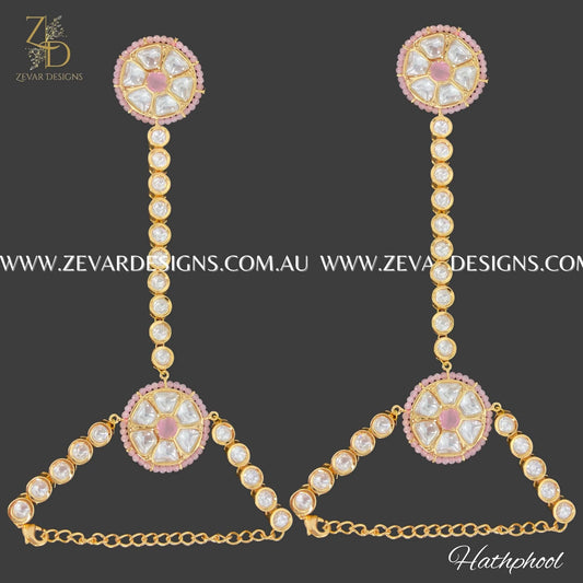 Zevar Designs Accessories Kundan Polki Hathphool - Pink