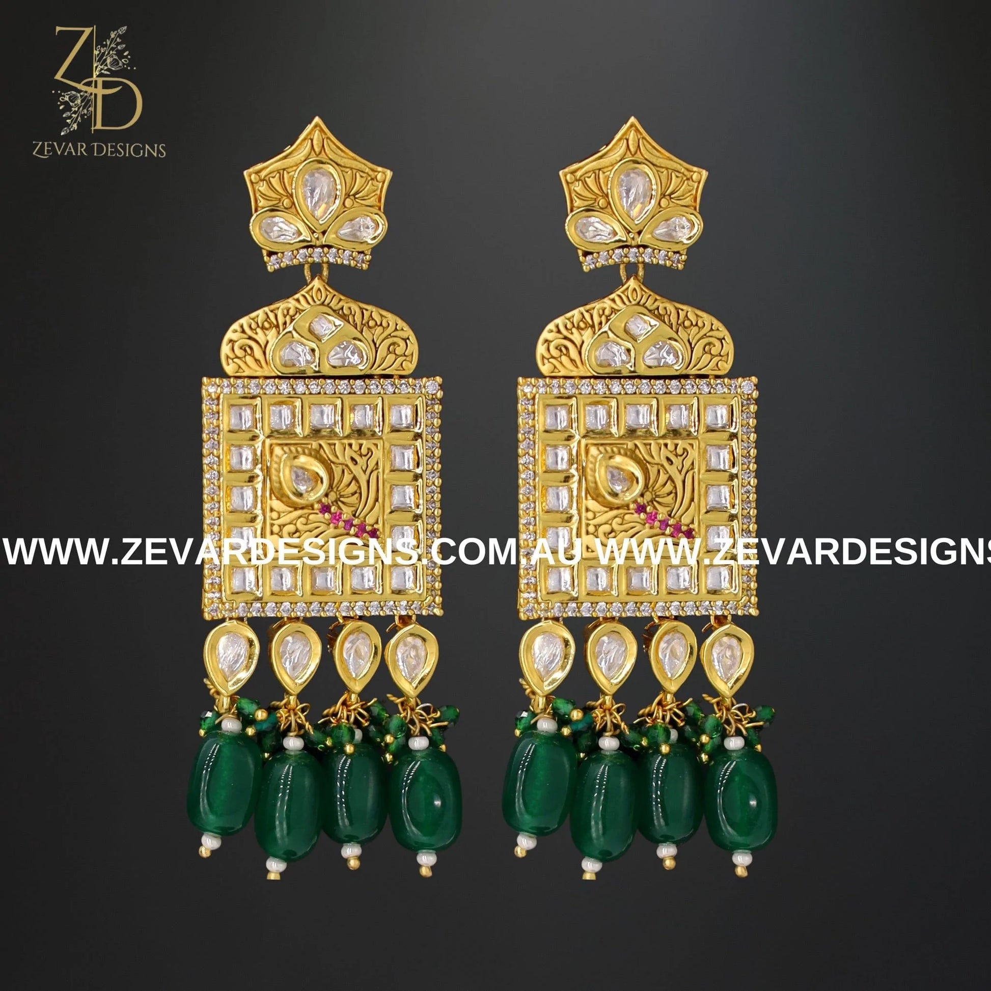 Zevar Designs Long Necklace Sets Kundan Polki Long Set - Emerald Green