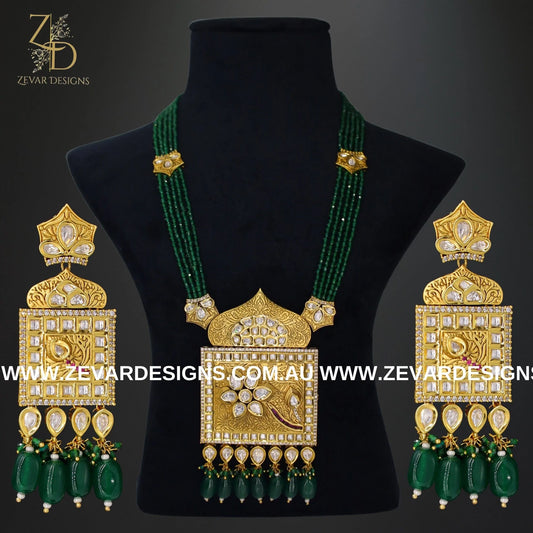 Zevar Designs Long Necklace Sets Kundan Polki Long Set - Emerald Green
