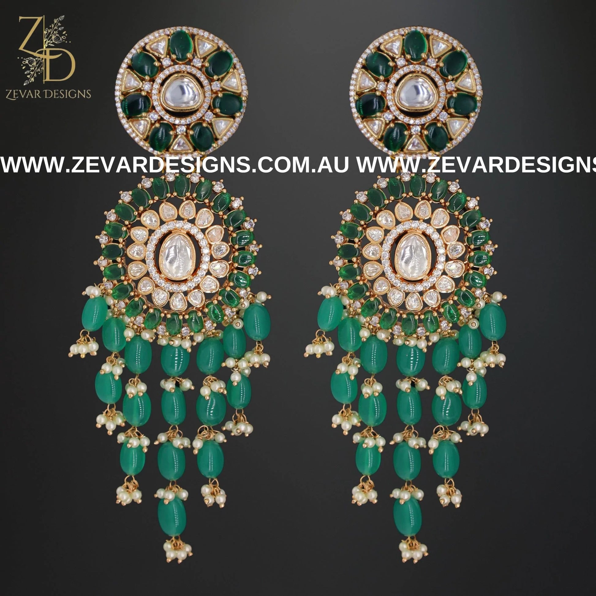Zevar Designs Long Necklace Sets Kundan Polki Long Set - Emerald Green and Rose Gold
