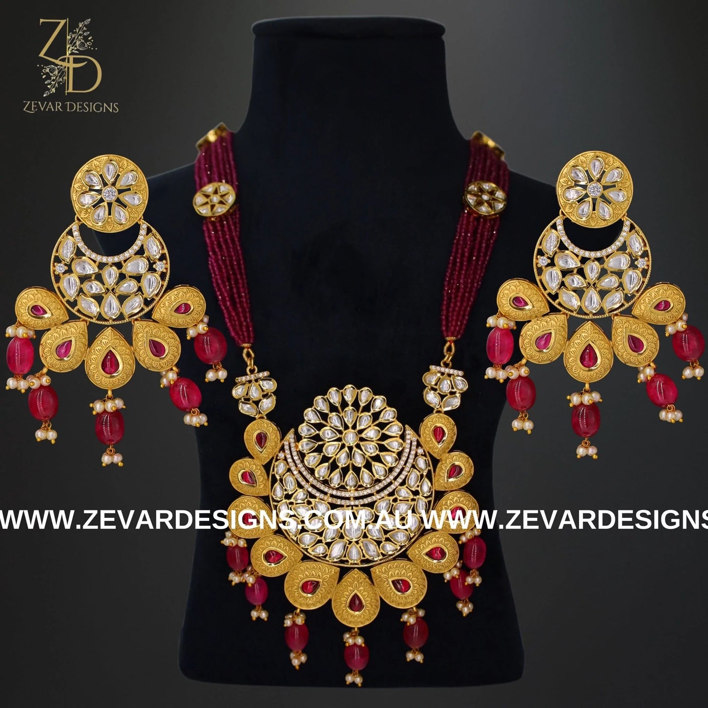 Zevar Designs Long Necklace Sets Kundan Polki Long Set - Ruby Red