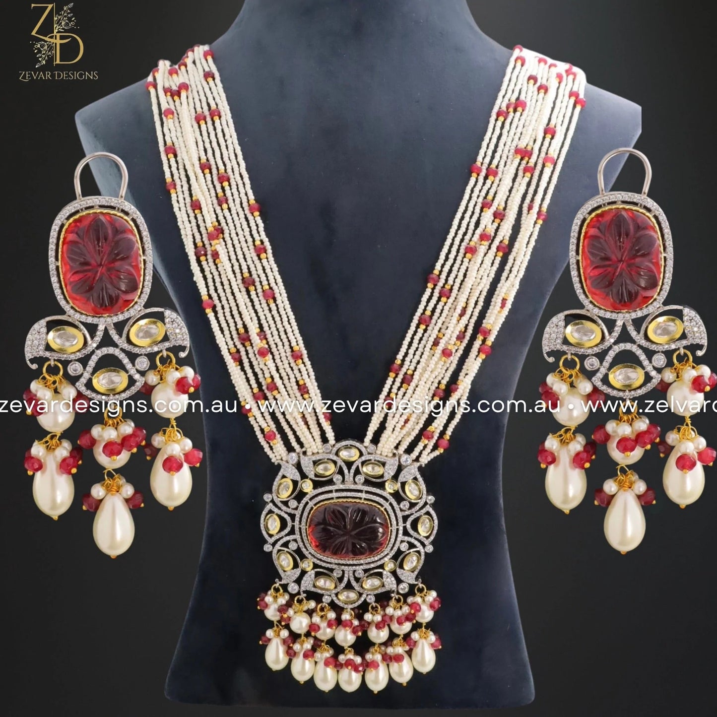 Zevar Designs Long Necklace Sets Kundan Polki Long Set with Carved Stone - Red