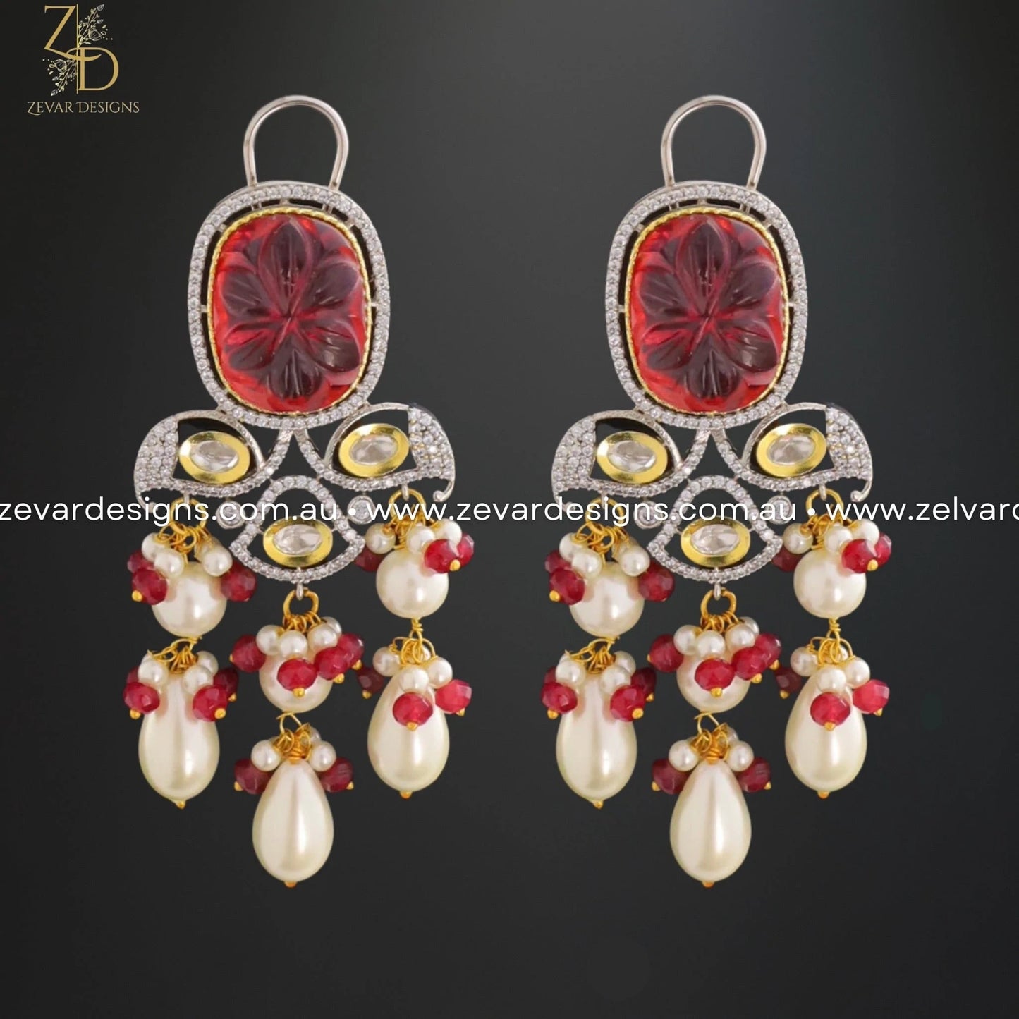 Zevar Designs Long Necklace Sets Kundan Polki Long Set with Carved Stone - Red