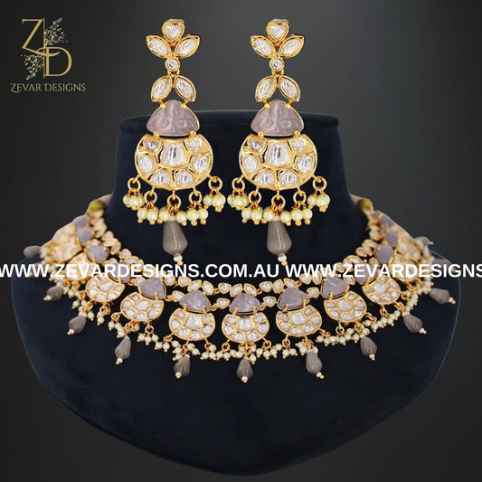 Zevar Designs Necklace Sets Kundan Polki Necklace Set in Grey Carved Stones