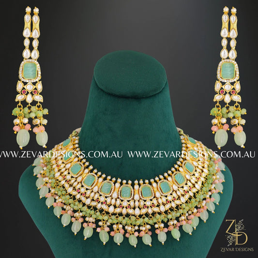 Zevar Designs Designer Necklace Sets Kundan Polki Necklace Set in Mint and Pink