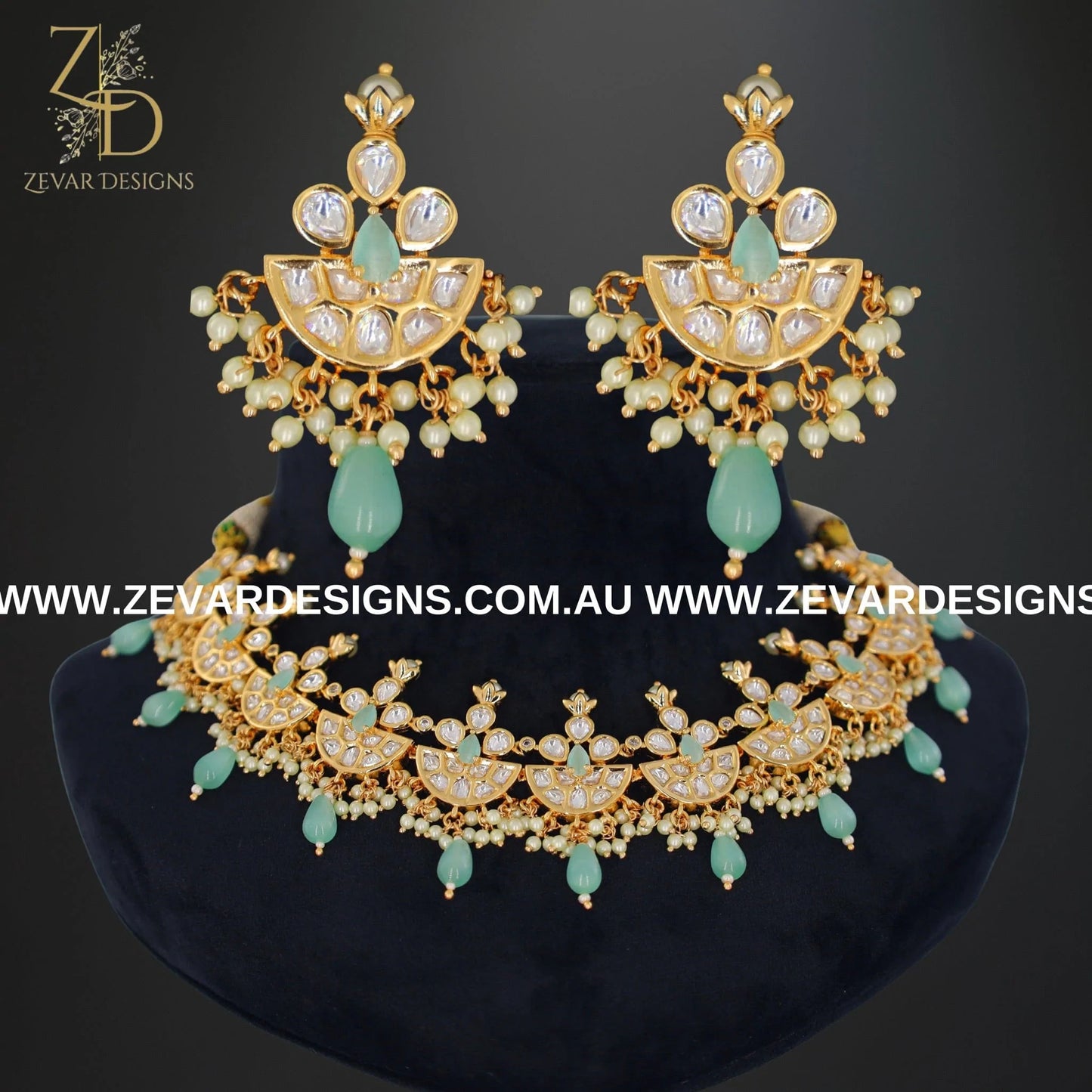 Zevar Designs Necklace Sets Kundan Polki Necklace Set in Mint Green