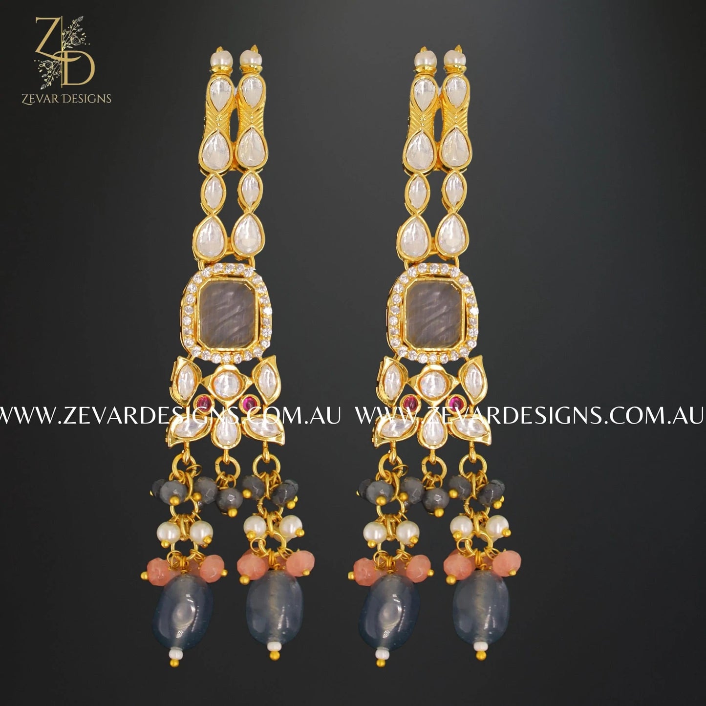 Zevar Designs Designer Necklace Sets Kundan Polki Necklace Set in Peach and Grey