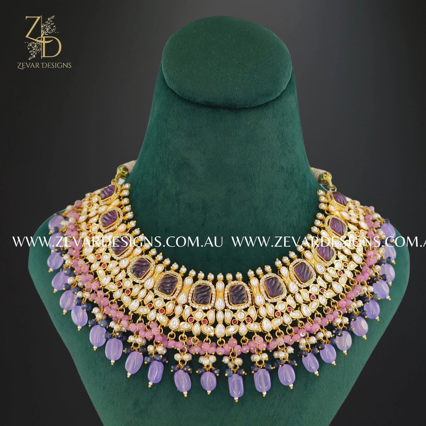 Zevar Designs Designer Necklace Sets Kundan Polki Necklace Set in Pink and Purple