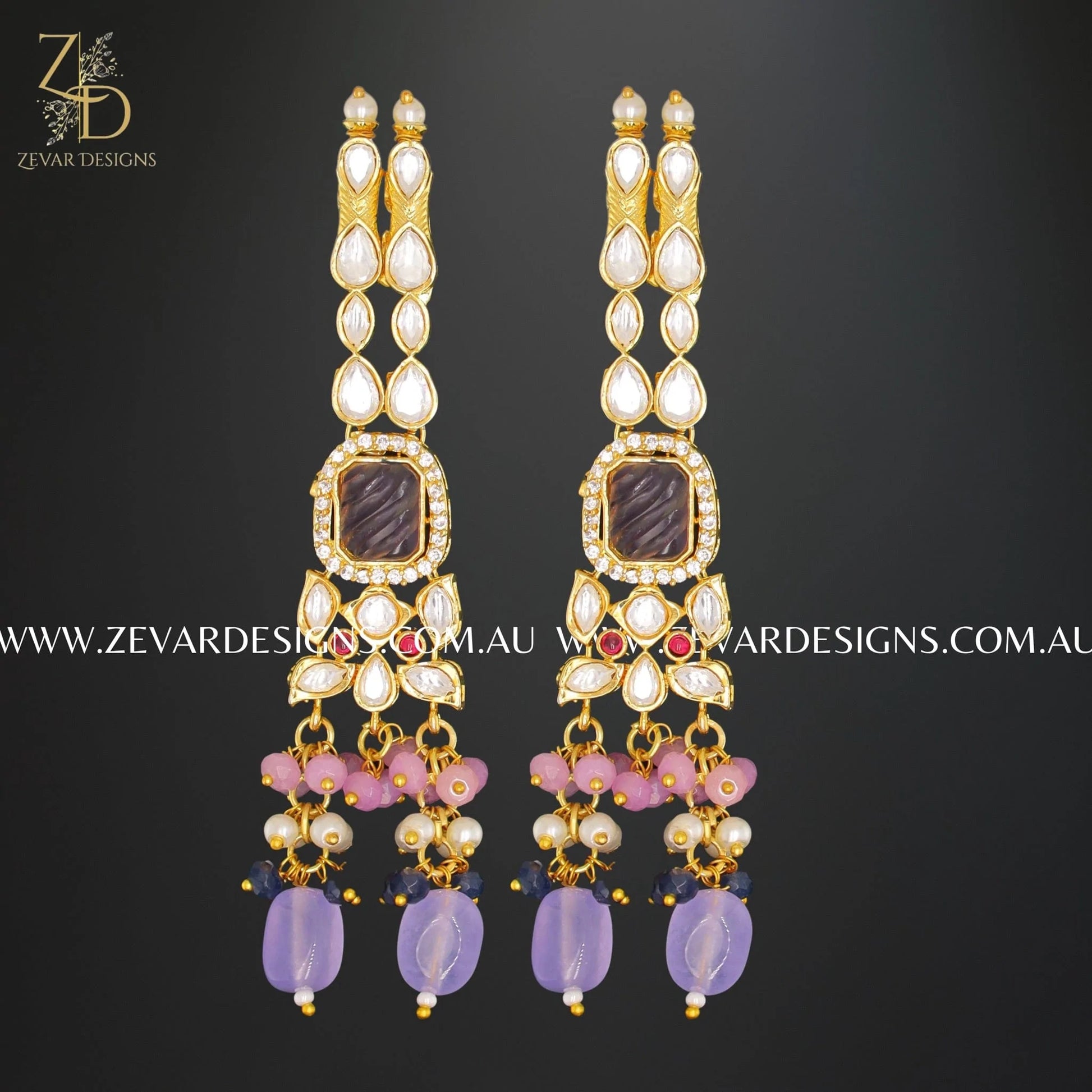 Zevar Designs Designer Necklace Sets Kundan Polki Necklace Set in Pink and Purple
