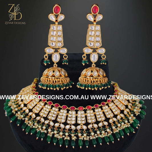 Zevar Designs Designer Necklace Sets Kundan Polki Necklace Set - Red and Green