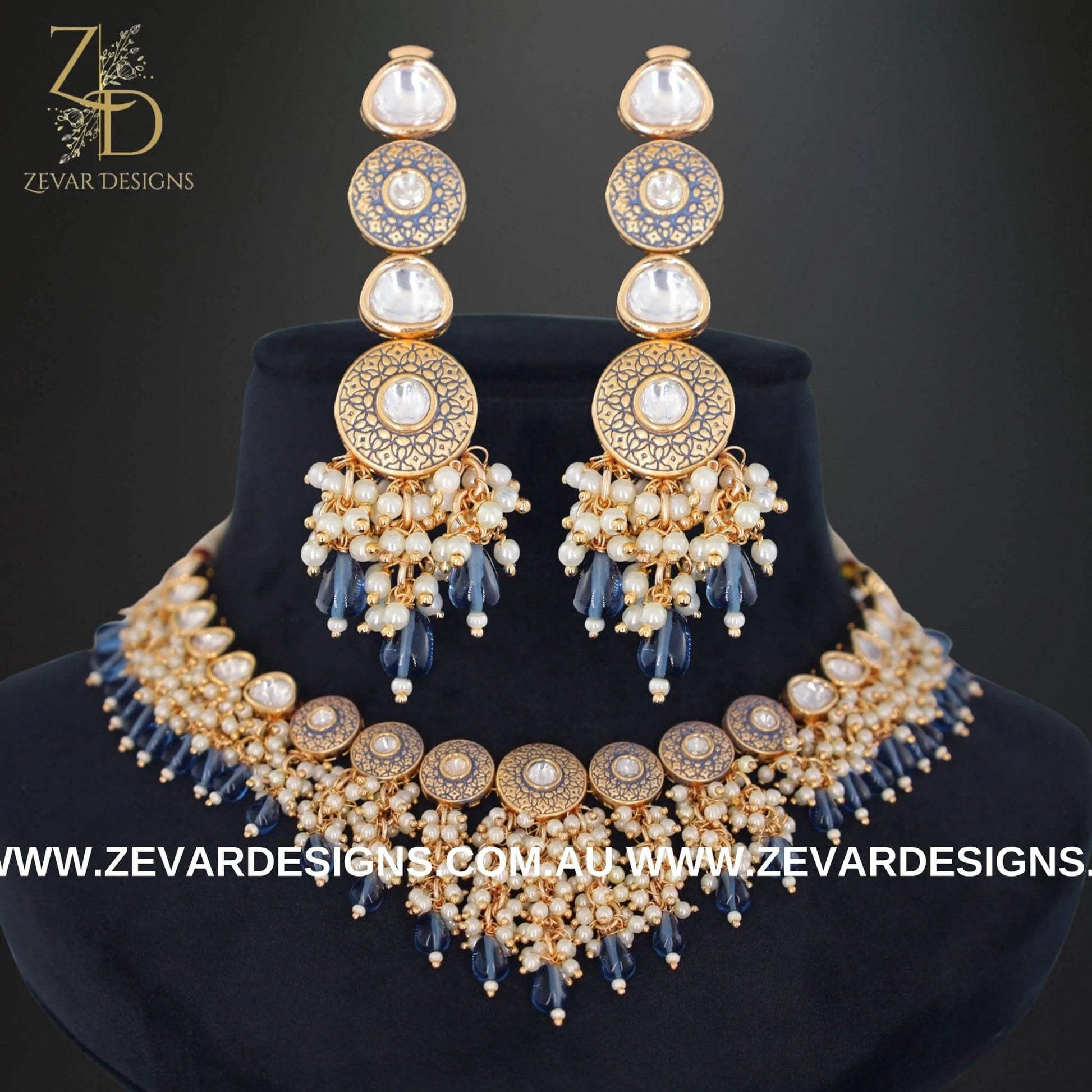 Zevar Designs Necklace Sets Kundan Polki Necklace Set - Sapphire Blue
